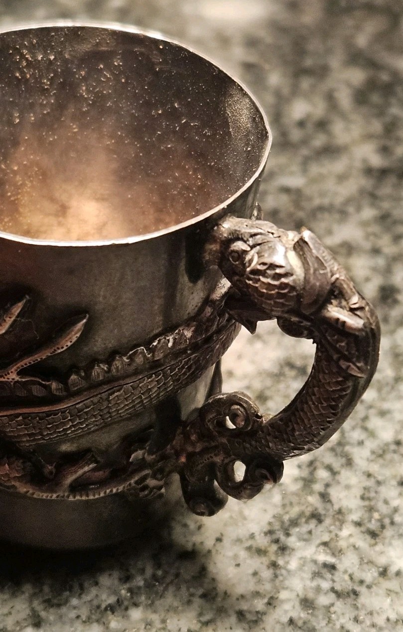 Chinese Export Silver Tea Dragon Cup c1890 Gold Wash Fine Silver Chinese Export Silver Tea Dragon Cup c1890 Gold Wash Fine Silver