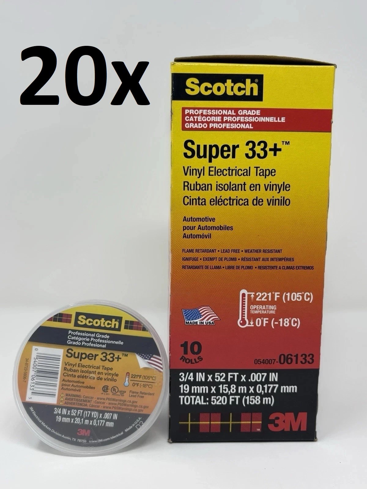 20x (10 PACK) 3M Scotch Super 33+  Vinyl Electrical Tape 06133 (200 total rolls)