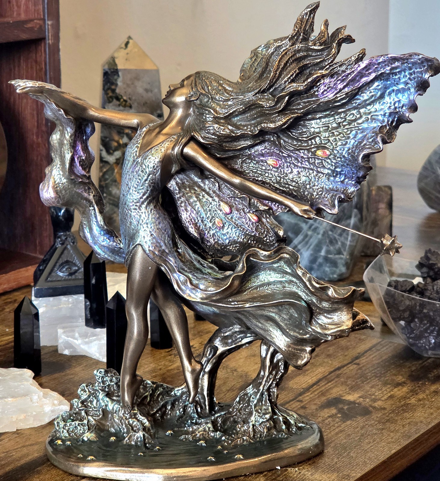 Bronze Fairy Figurine Statue with Iridescent Wings, Veronese statue collectable,