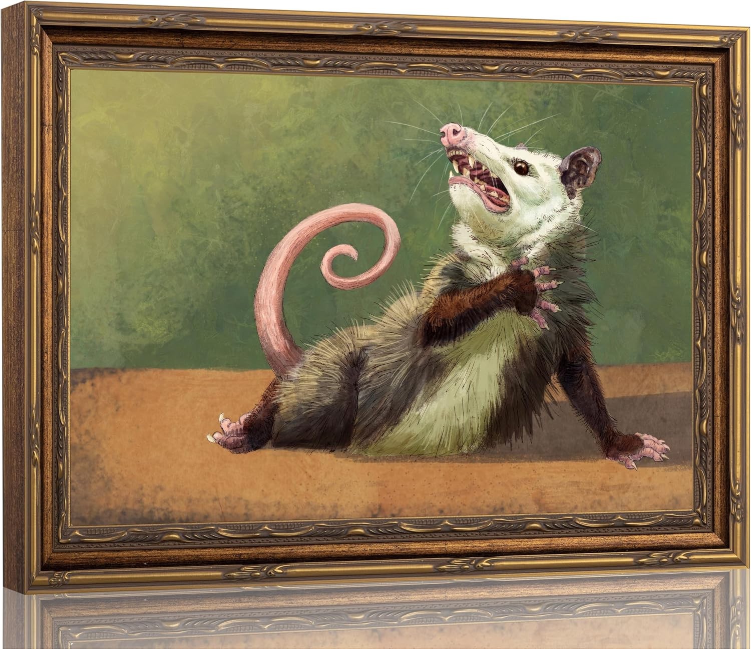 Vintage Gold Framed Funny Opossum Wall Art Quirky Renaissance Animal Canvas P...
