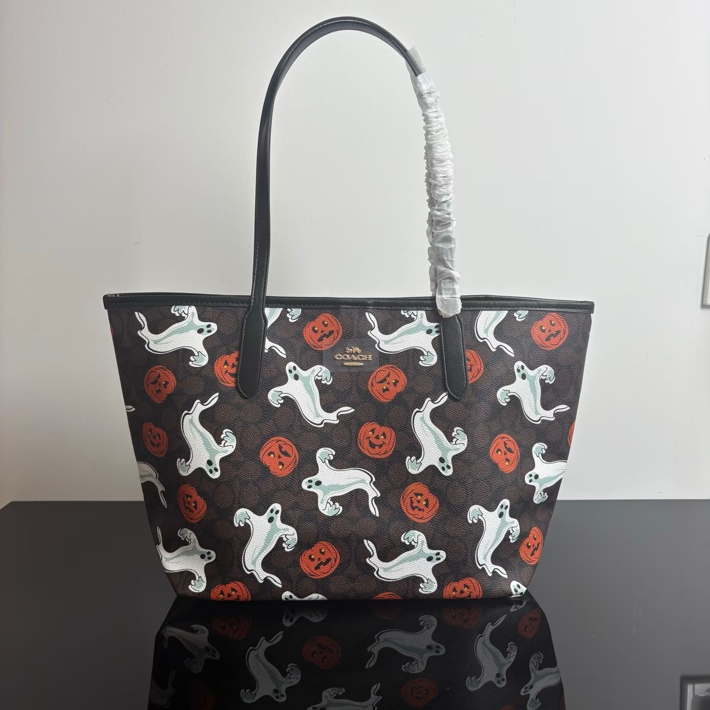 Coach City Tote Bag in Signature Canvas with Halloween Print CCE69 Black