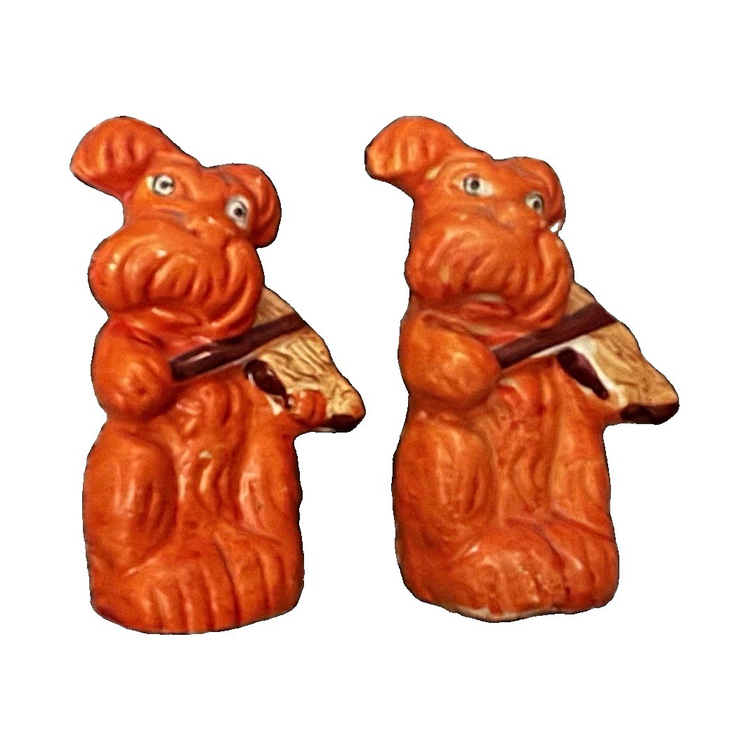Vintage Japan Orange Dog Salt & Pepper Shakers Pipe Cork Stoppers MCM Kitsch