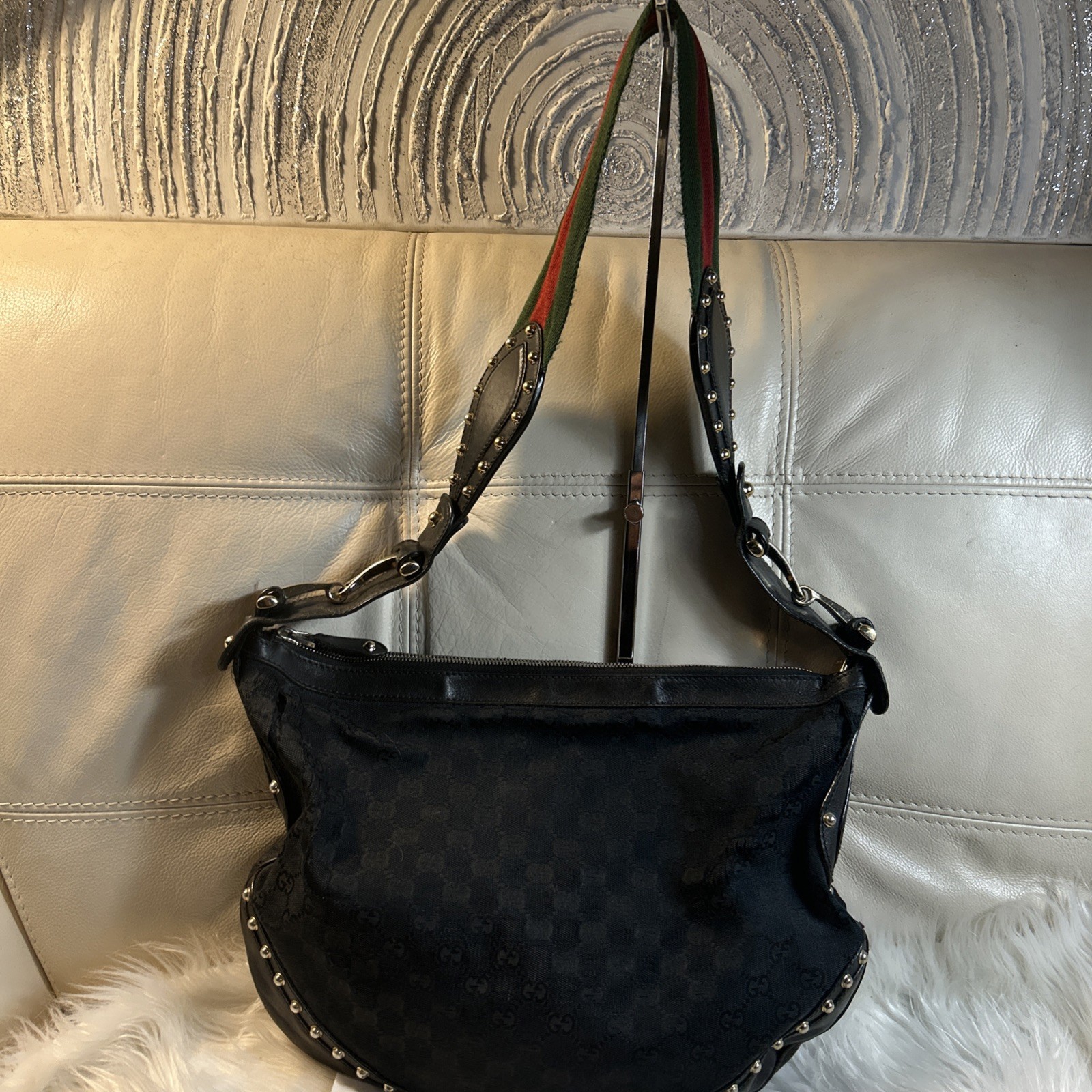 Gucci GG Tote Bag STUDDED Shoulder Bag RED Green Strap Certificate Of Authen
