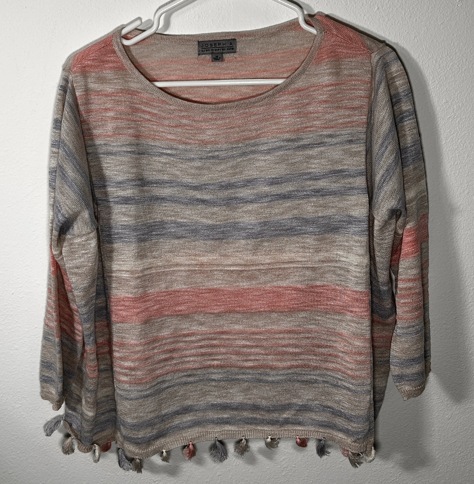 Joseph A. Women’s Medium Striped Tassel Boho Hem Lightweight Pullover Sweater