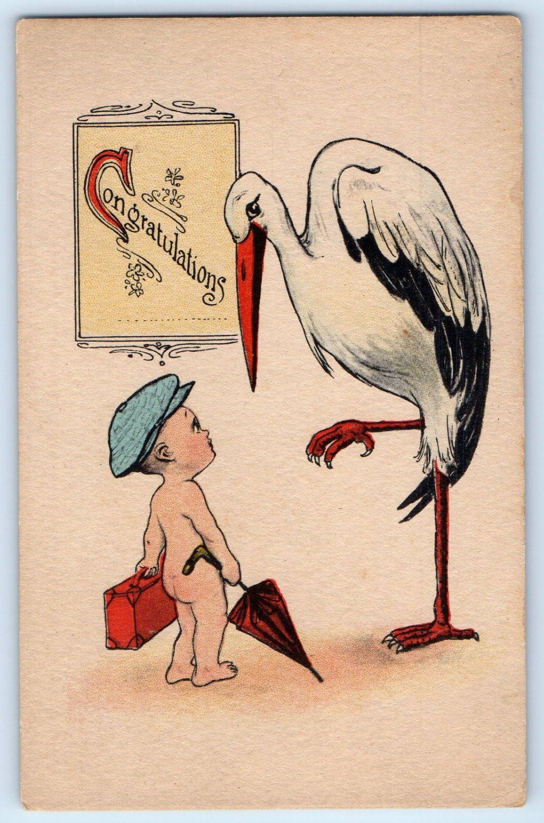 c1910's Congratulations Stork And Undressed Child With Suitcase Antique Postcard c1910's Congratulations Stork And Undressed Child With Suitcase Antique Postcard