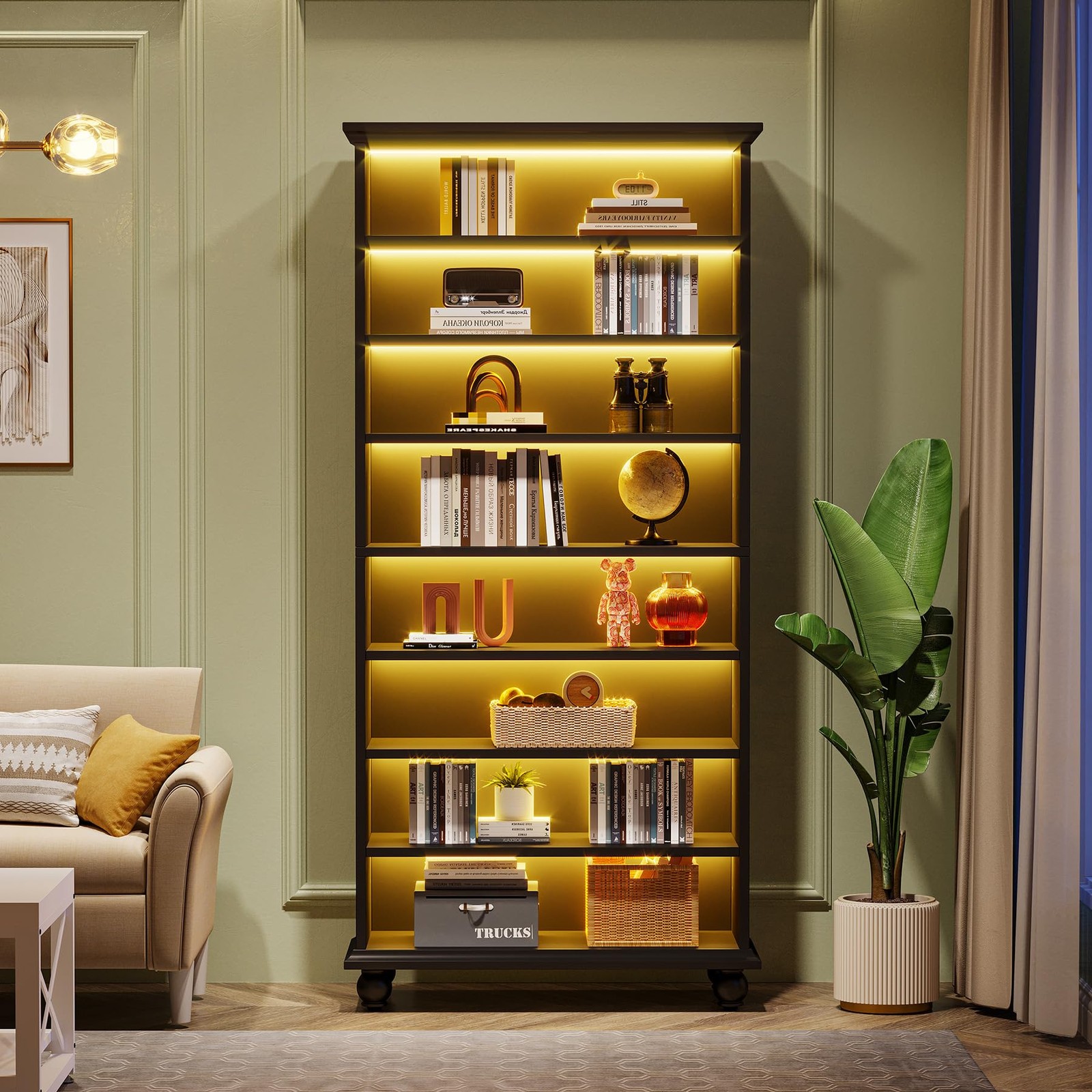 69-Inch 9-Tier LED Bookcase Solid Wood Legs Black