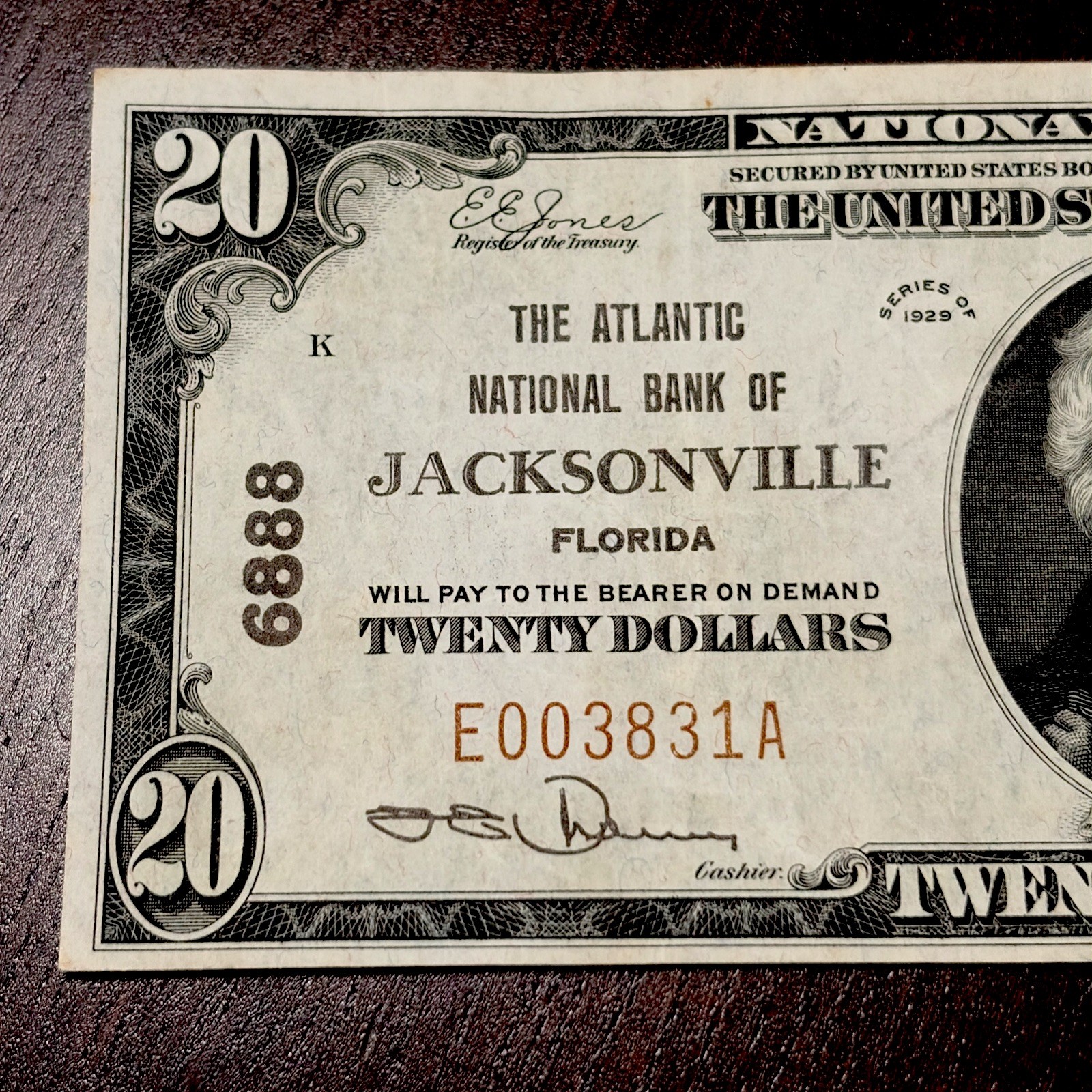 1929 $20 National Currency Banknote JACKSONVILLE, Florida. ALMOST UNC