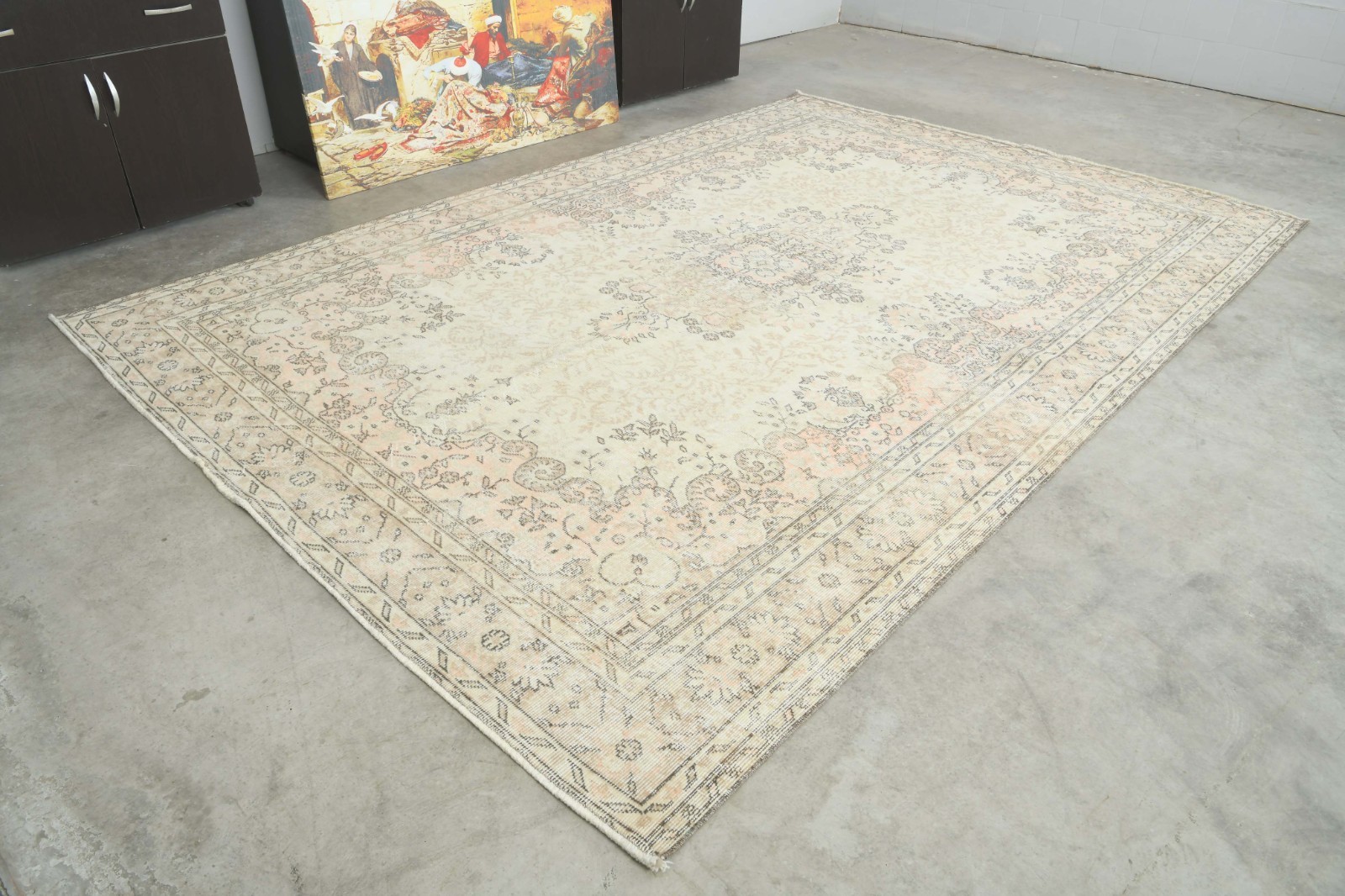 7x10 Turkish Antique Large Wool Rug Hand-Knotted Neutral Vintage Oushak Rug,486