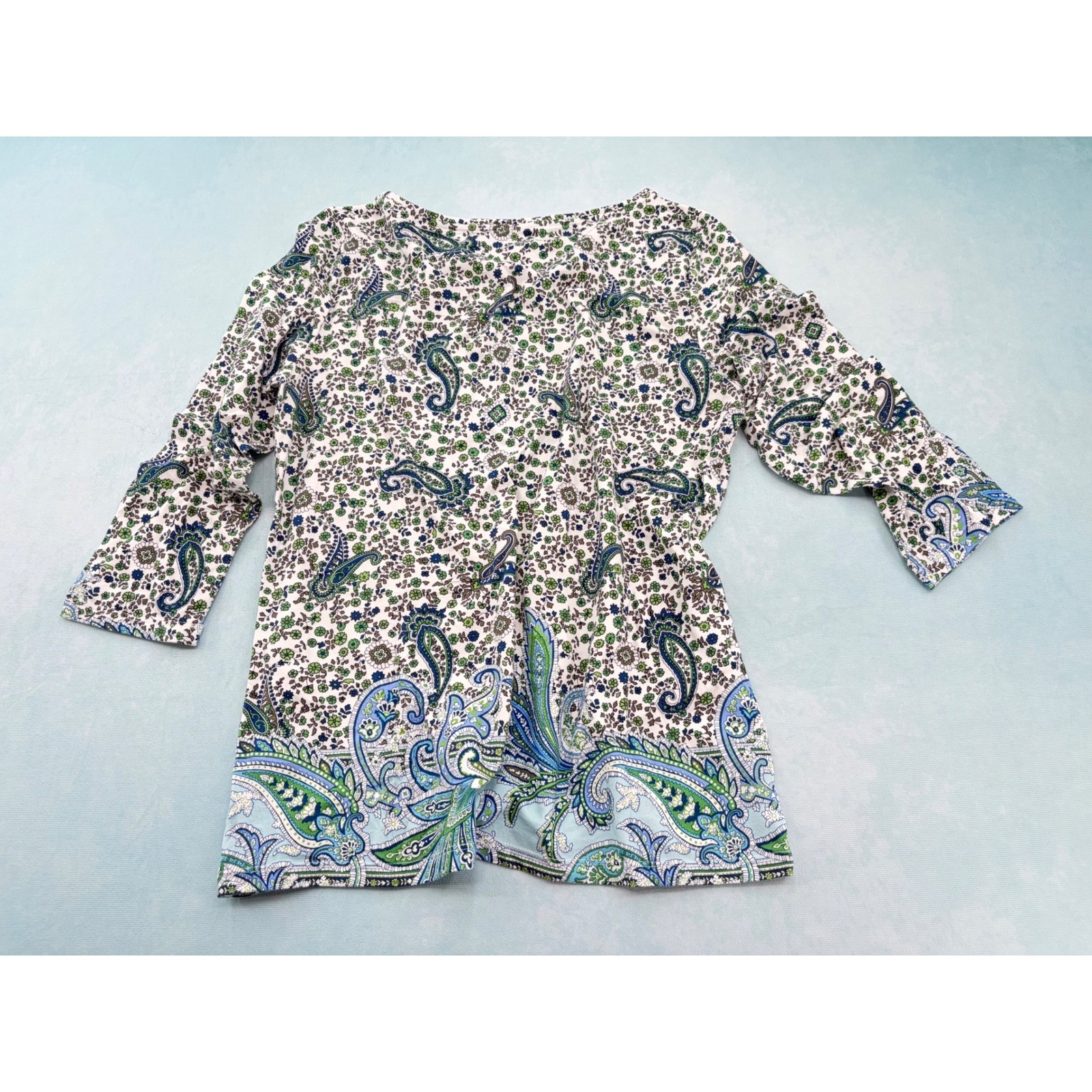 Talbots Women\'s Medium Blue Green Paisley Floral 3/4 Sleeve Boat Neck Tee Top