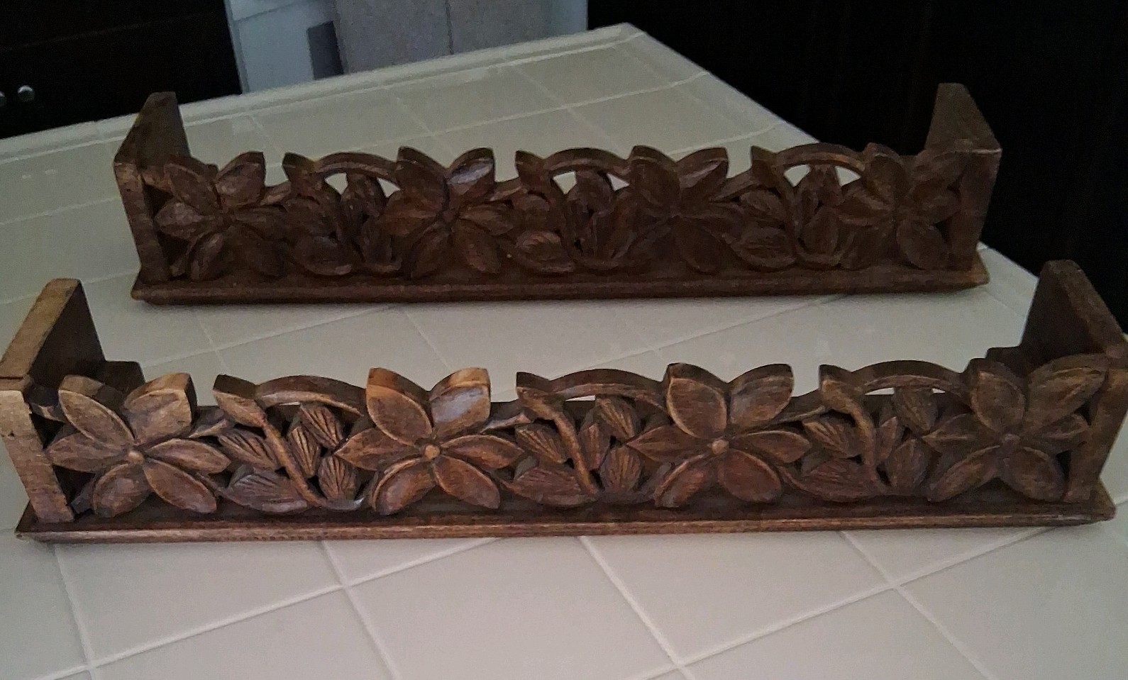 Pair Vintage Anglo Indian Hand Carved Wood Floral Wall Shelves 26- 27\ Pair Vintage Anglo Indian Hand Carved Wood Floral Wall Shelves 26- 27\