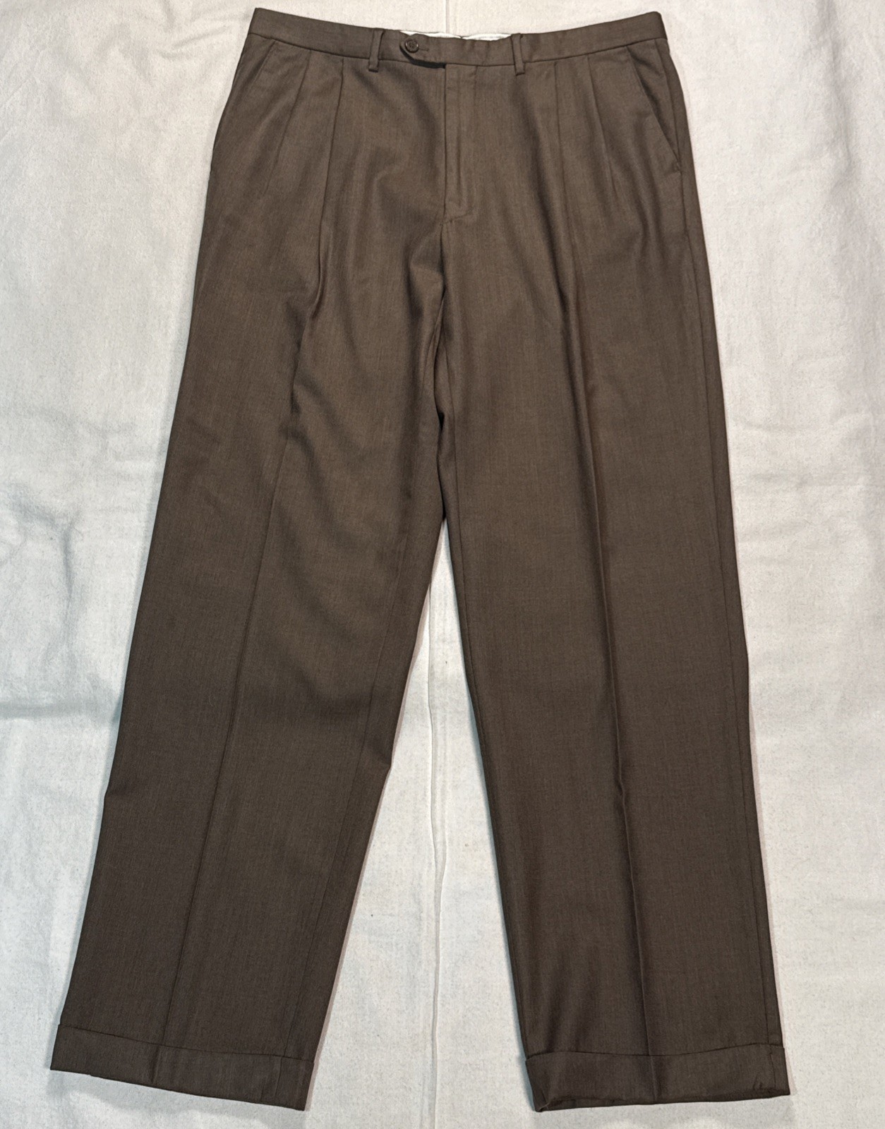Santorelli Trousers Mens 38 Fits 36 Tobacco Brown Solid 100% Wool Pleaded Italy
