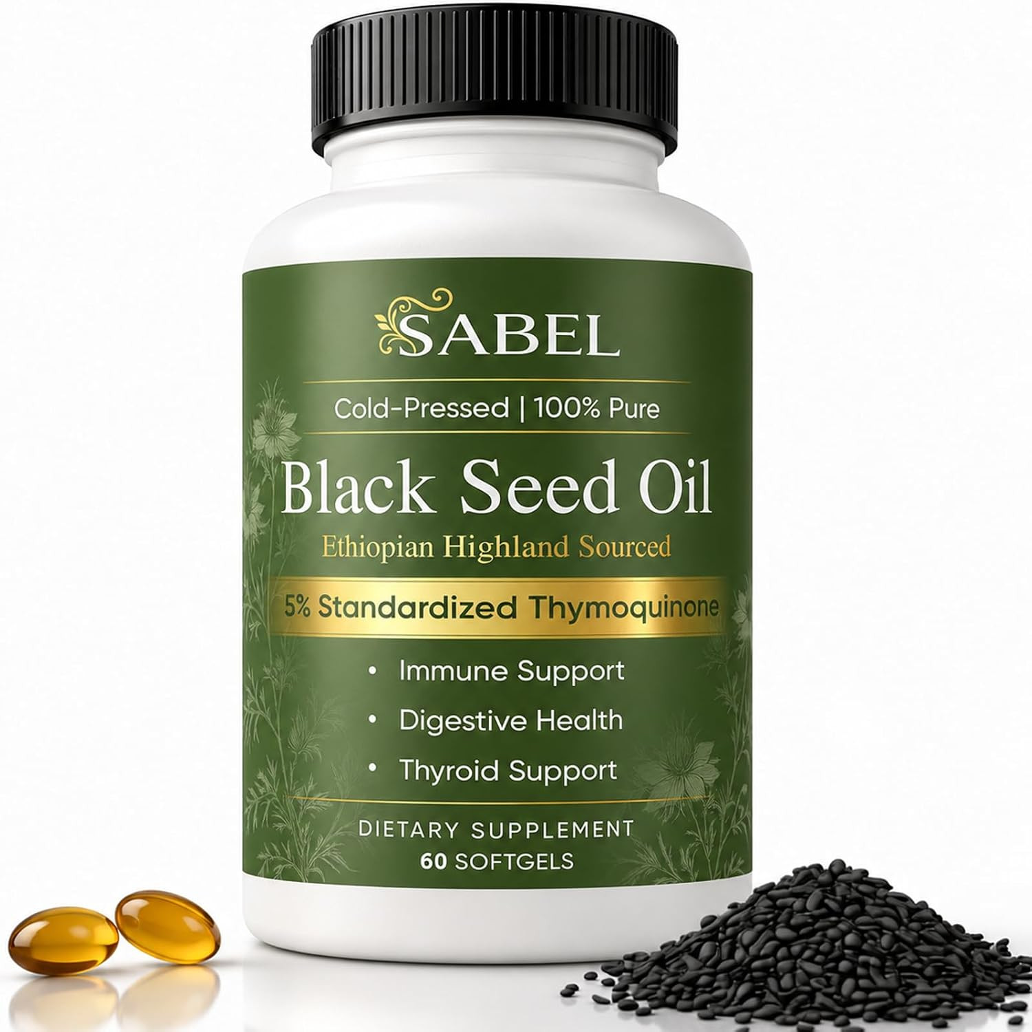 Sabel Ethiopian Black Seed Oil, Cold Pressed Black Seed Oil Capsules, 5% Thymoqu Sabel Ethiopian Black Seed Oil, Cold Pressed Black Seed Oil Capsules, 5% Thymoqu