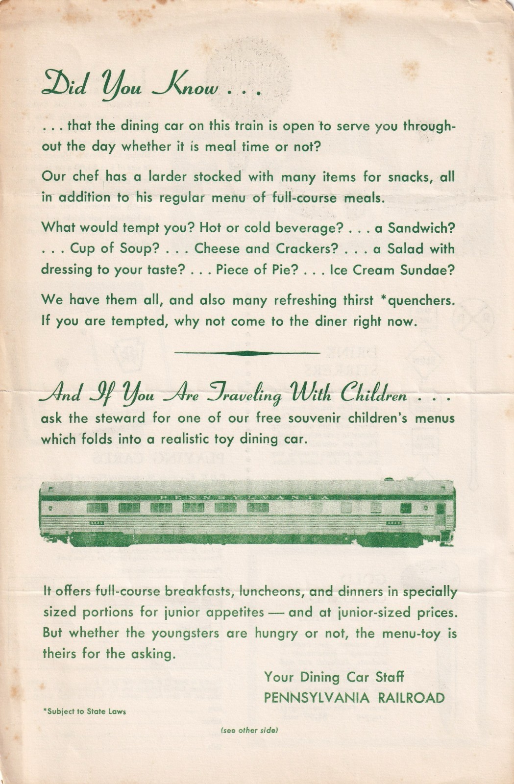 1950s Pennsylvania Railroad Dining Car Souvenir Order Form PRR Ephemera