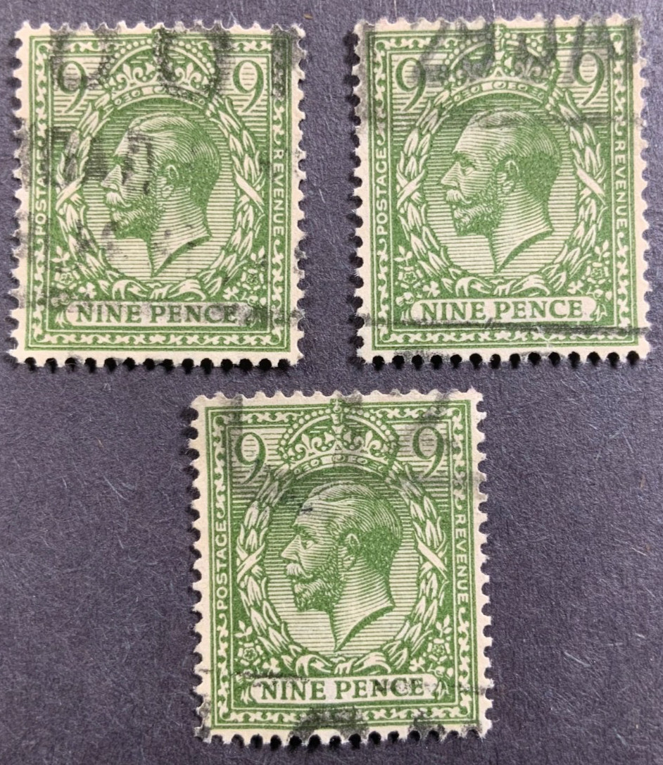 GB GV SG393b 9d pale olive green used Cat £40 each. 3 Stamps GB GV SG393b 9d pale olive green used Cat £40 each. 3 Stamps