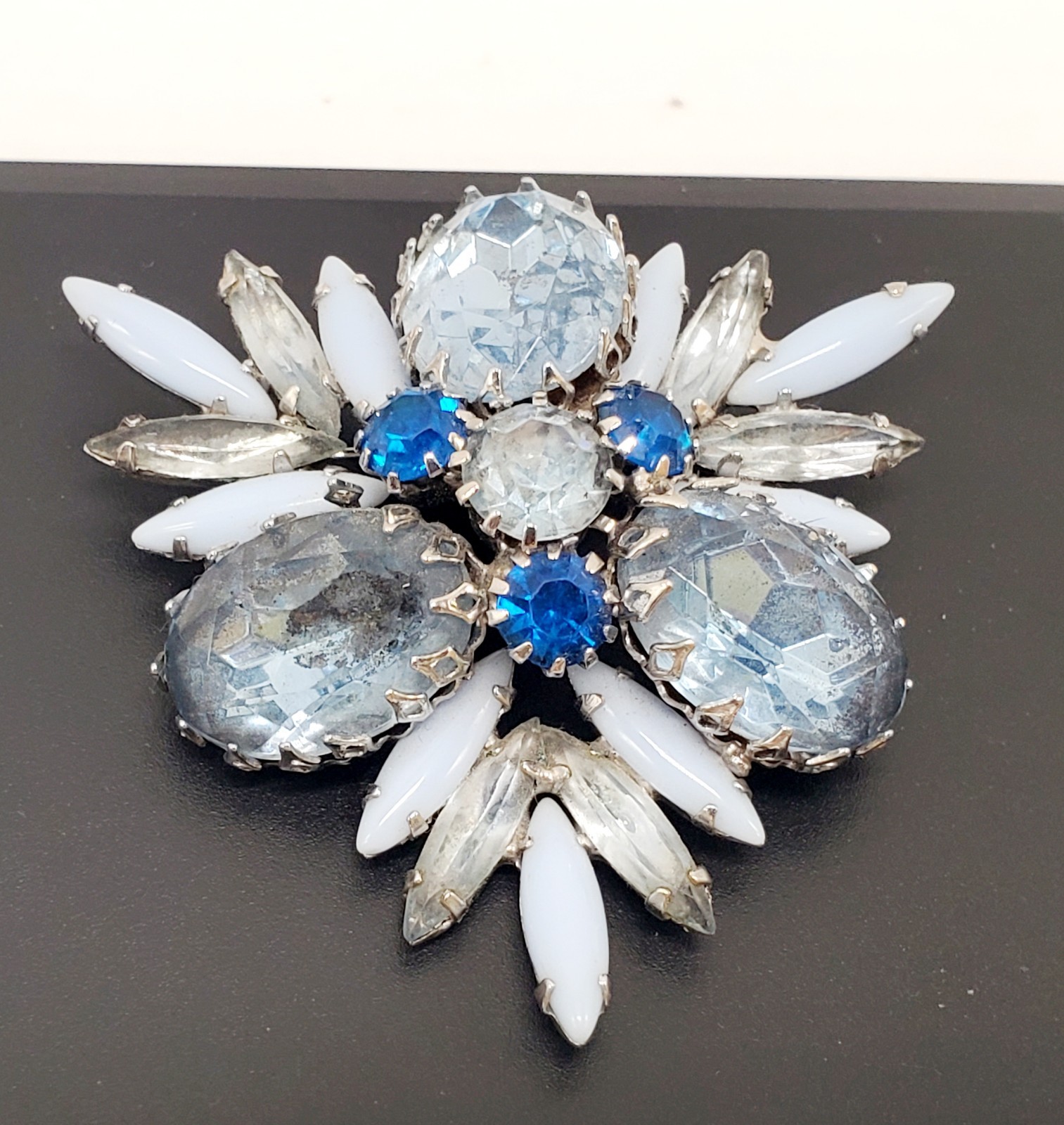Juliana D&E Blue Milk Glass Aqua & Blue Rhinestone Navette Pin Brooch Vtg 1960s