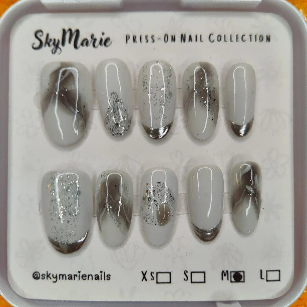 SkyMarie Handmade Medium Press-On Nails | Elegant White, Grey Marble, Silver SkyMarie Handmade Medium Press-On Nails | Elegant White, Grey Marble, Silver