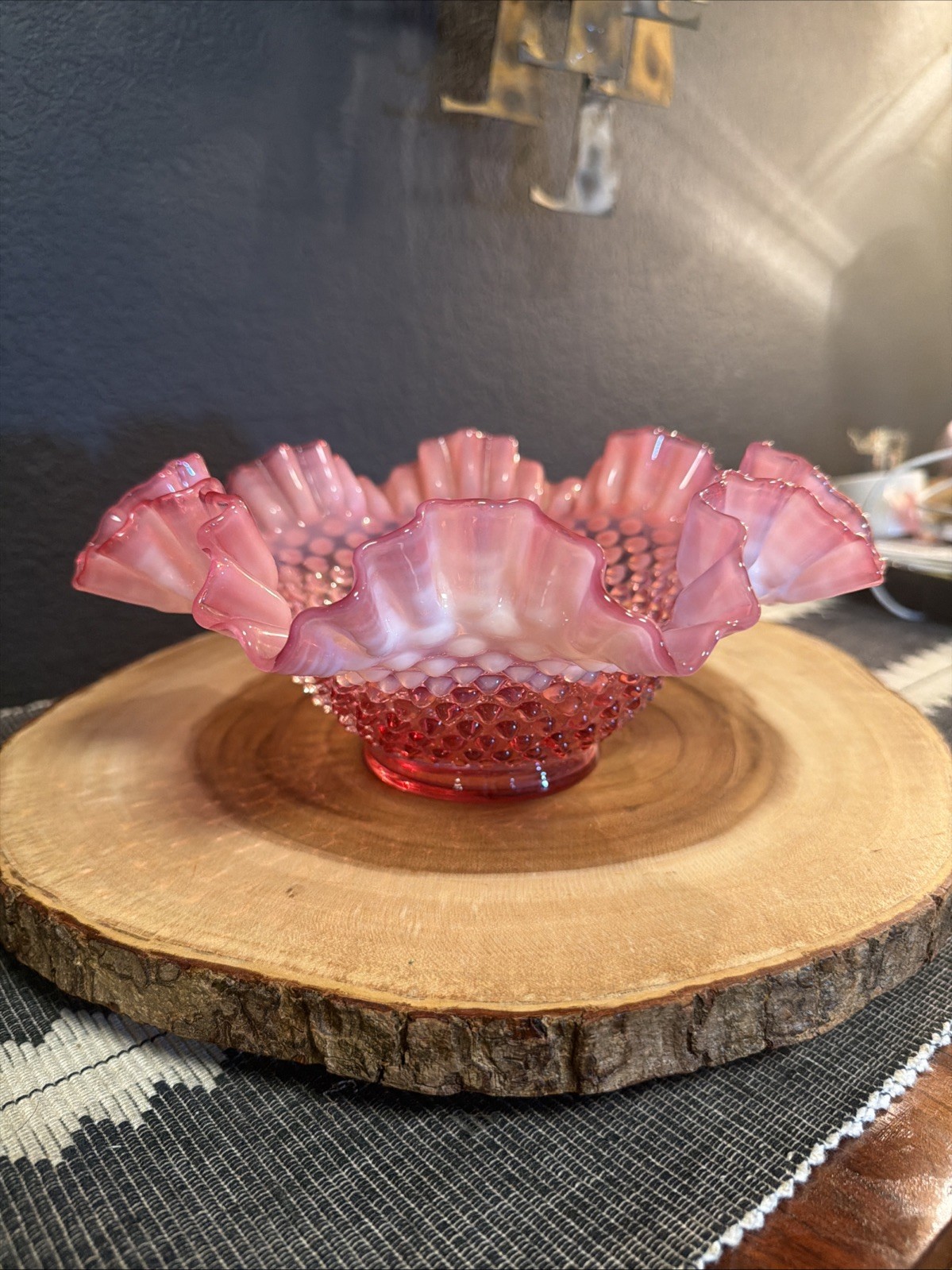 Fenton Glass Cranberry Opalescent Hobnail Ruffle Edge Candy Bowl - 9.5\ Fenton Glass Cranberry Opalescent Hobnail Ruffle Edge Candy Bowl - 9.5\