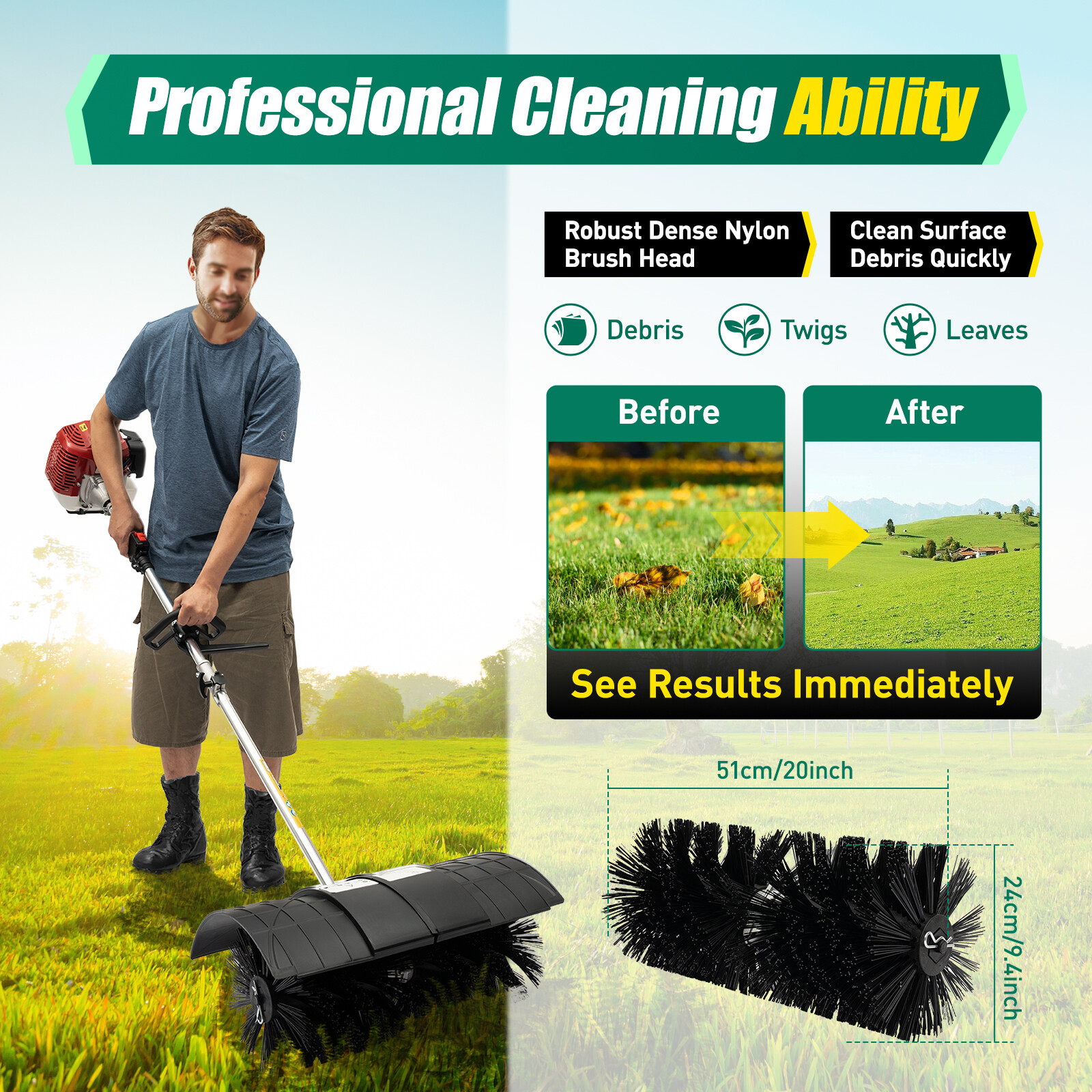 52CC Gas Power Nylon Brush Broom Sweeper 1.25kw Grass Driveway Turf Snow Clean