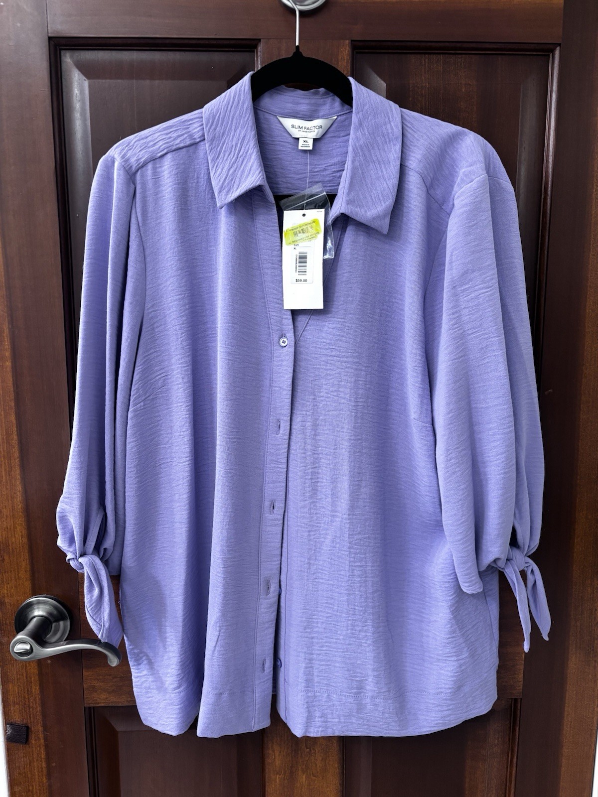 SLIM FACTOR BY INVESTMENTS WOMENS NWT LAVENDER  TIE SLEEVE BUTTON FRONT BLOUSE