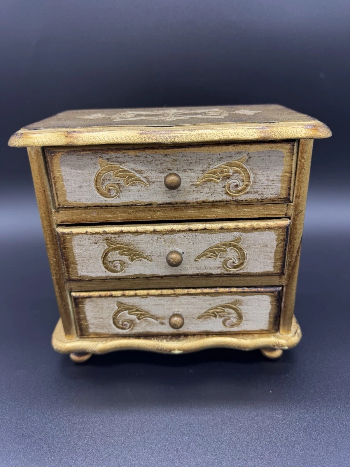 Italian Florentine Musical Jewelry Box Gold Gilt Wood 3 Drawer Dresser WORKS 7.5 Italian Florentine Musical Jewelry Box Gold Gilt Wood 3 Drawer Dresser WORKS 7.5