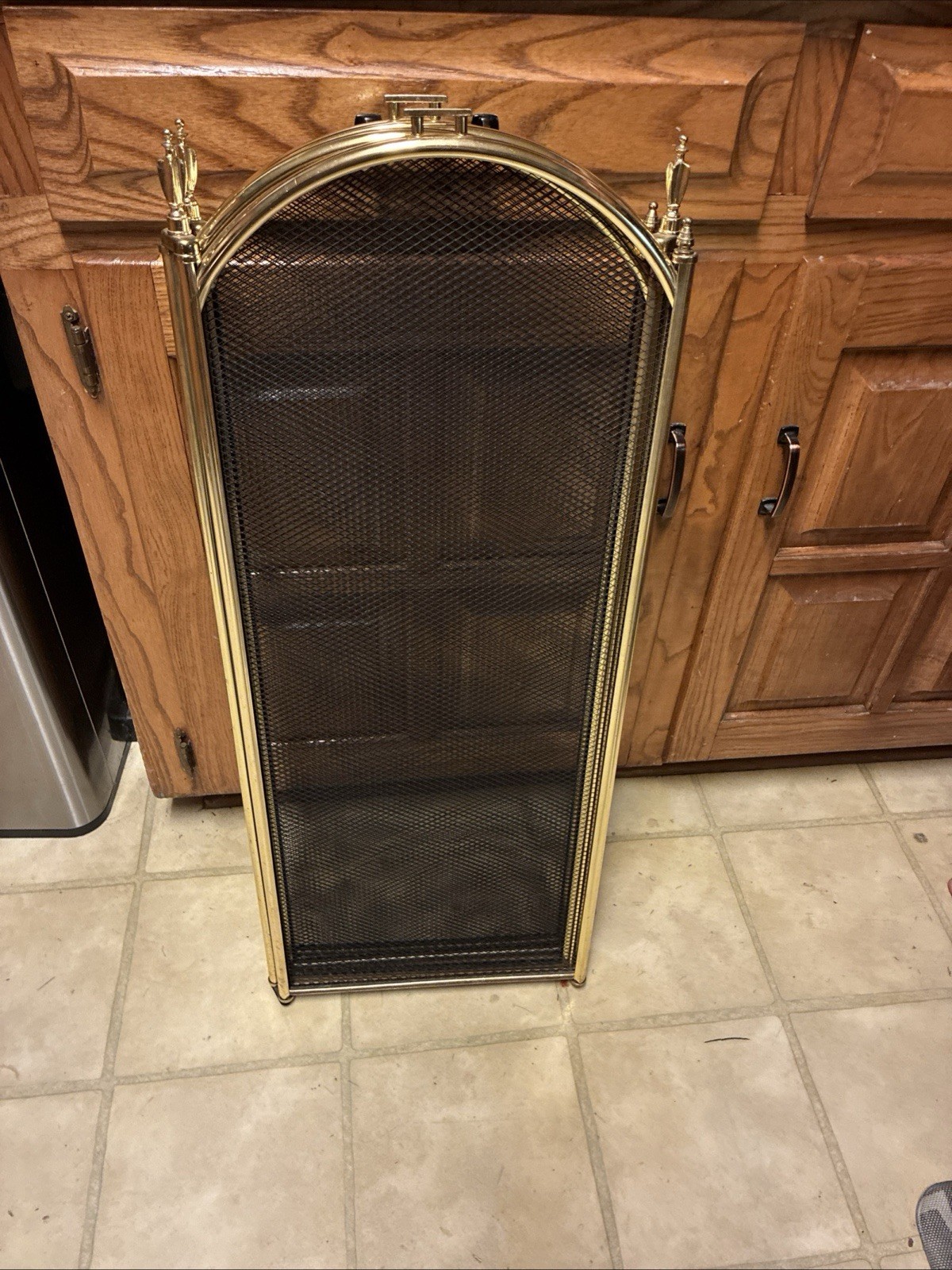 Vintage Brass  Finish Arched Fireplace   4 Panel Screen With Patina