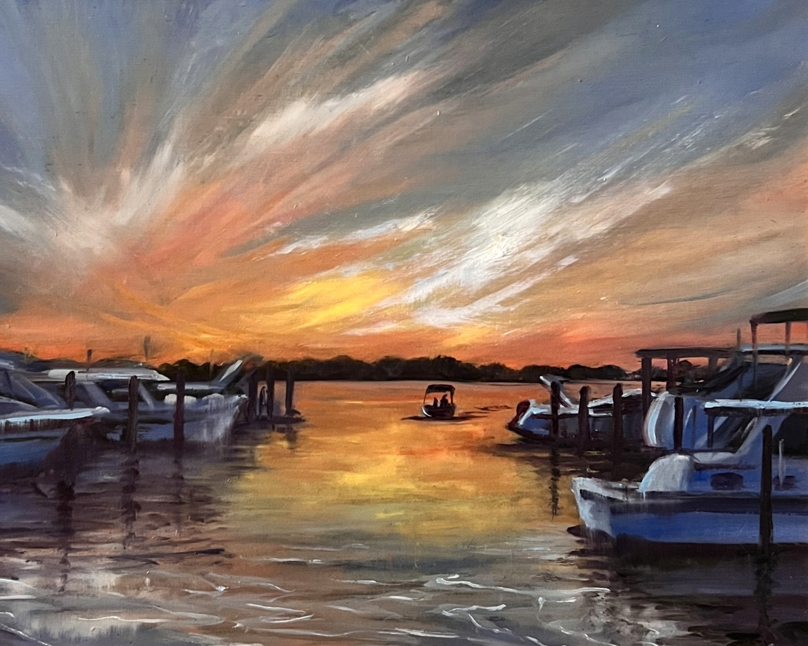 Sophie Dare Original Art 12x16 Oil painting  Doctors Lake Marina at Dusk
