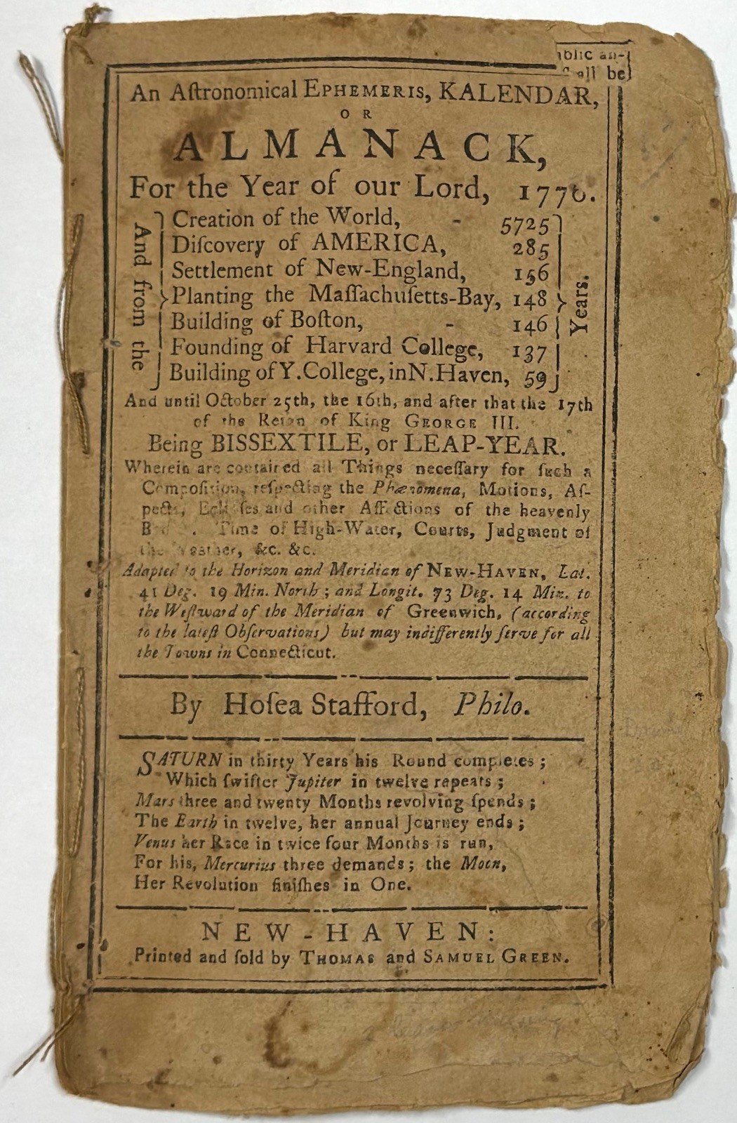 1776 ASTRONOMICAL EPHEMERIS ALMANACK STAFFORD NEW HAVEN REVOLUTIONARY WAR YALE