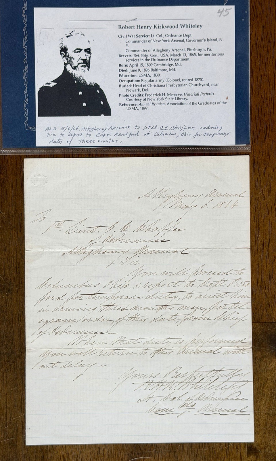 1864 Civil War Letter Gen RHK Whiteley Allegheny Arsenal Military Orders Ohio