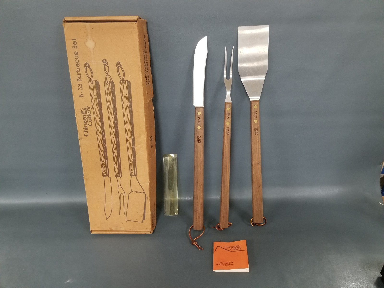 VTG 1973 Chicago Cutlery Barbecue Set B-33 USA MADE w/ Info 3 Piece In Box