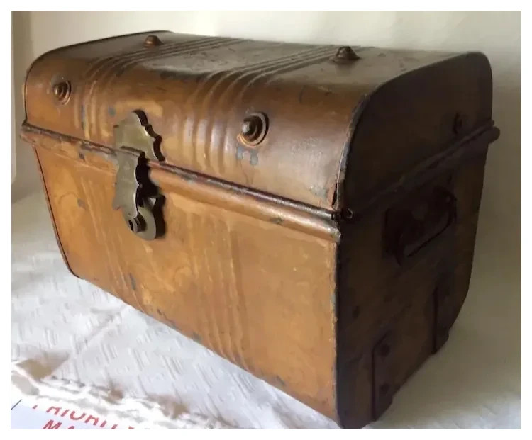 Antique 1872 Primitive English Miniature Tin Trunk Coach Travel Suitcase
