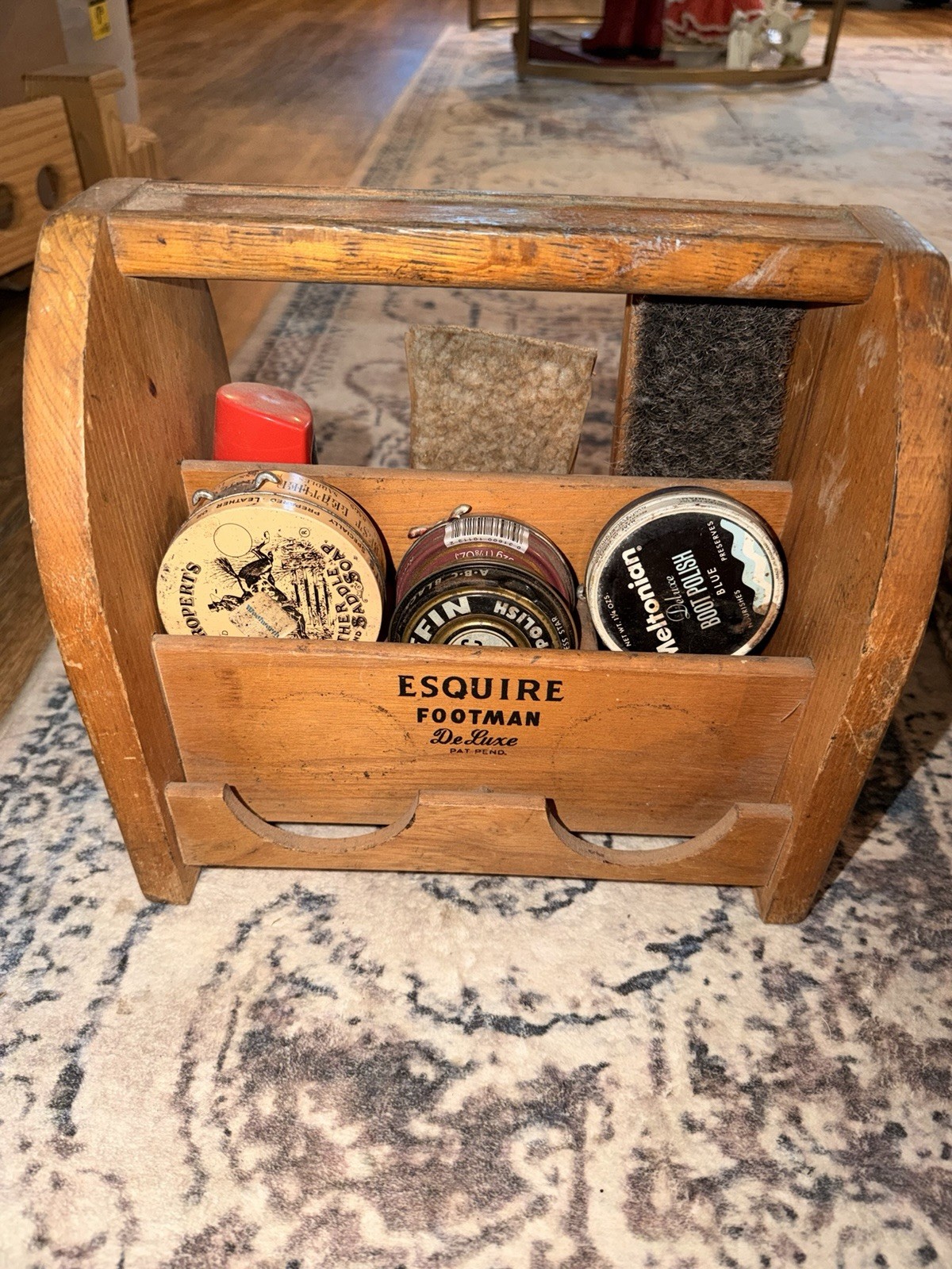 Vintage Esquire Footman De Luxe Shoe Shine Box Caddy Brush Polish 1940s 50s