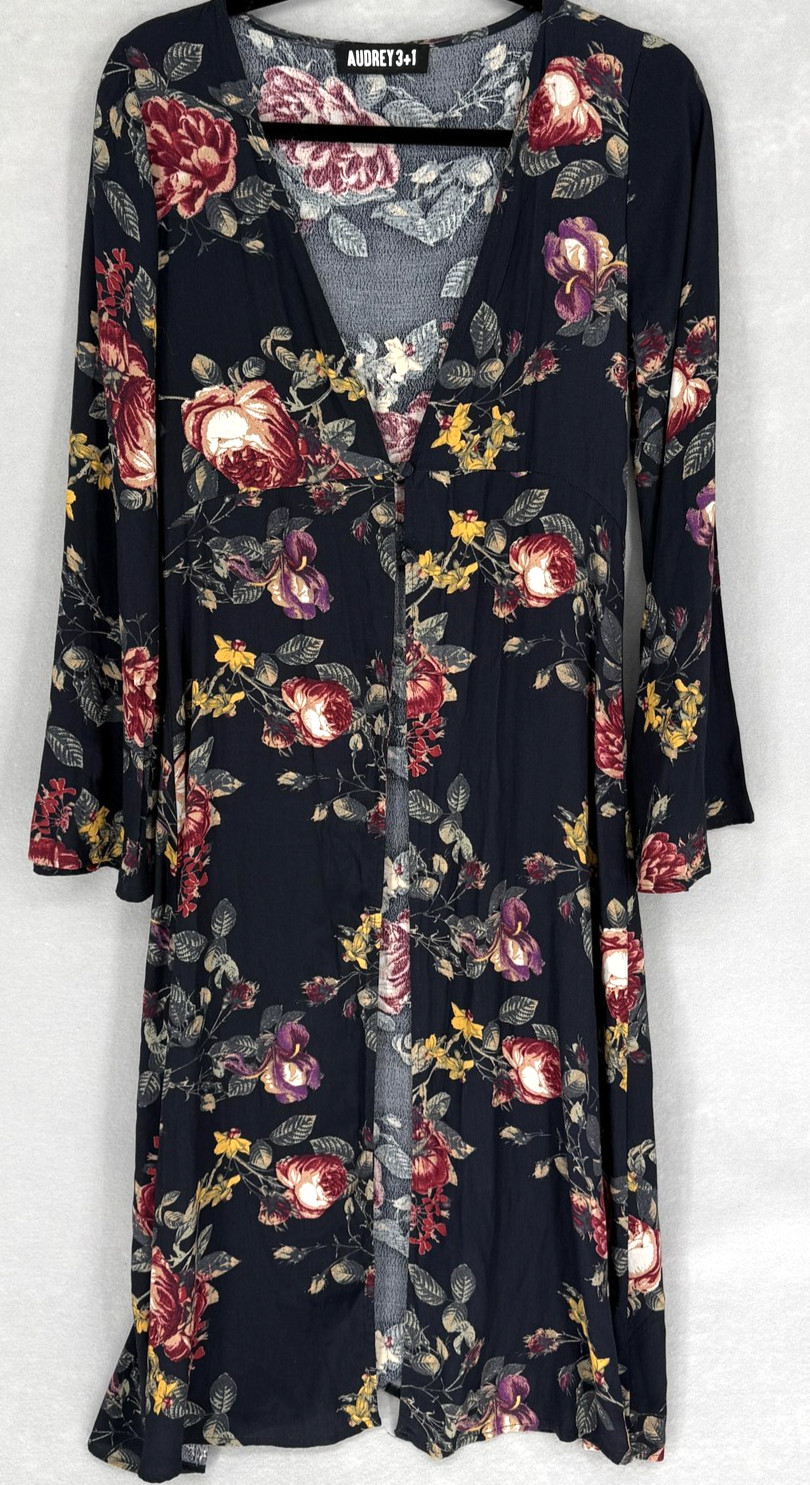 Audrey 3+1 Dress Womens Medium Black Floral Midi Duster Long Sleeve Rayon USA