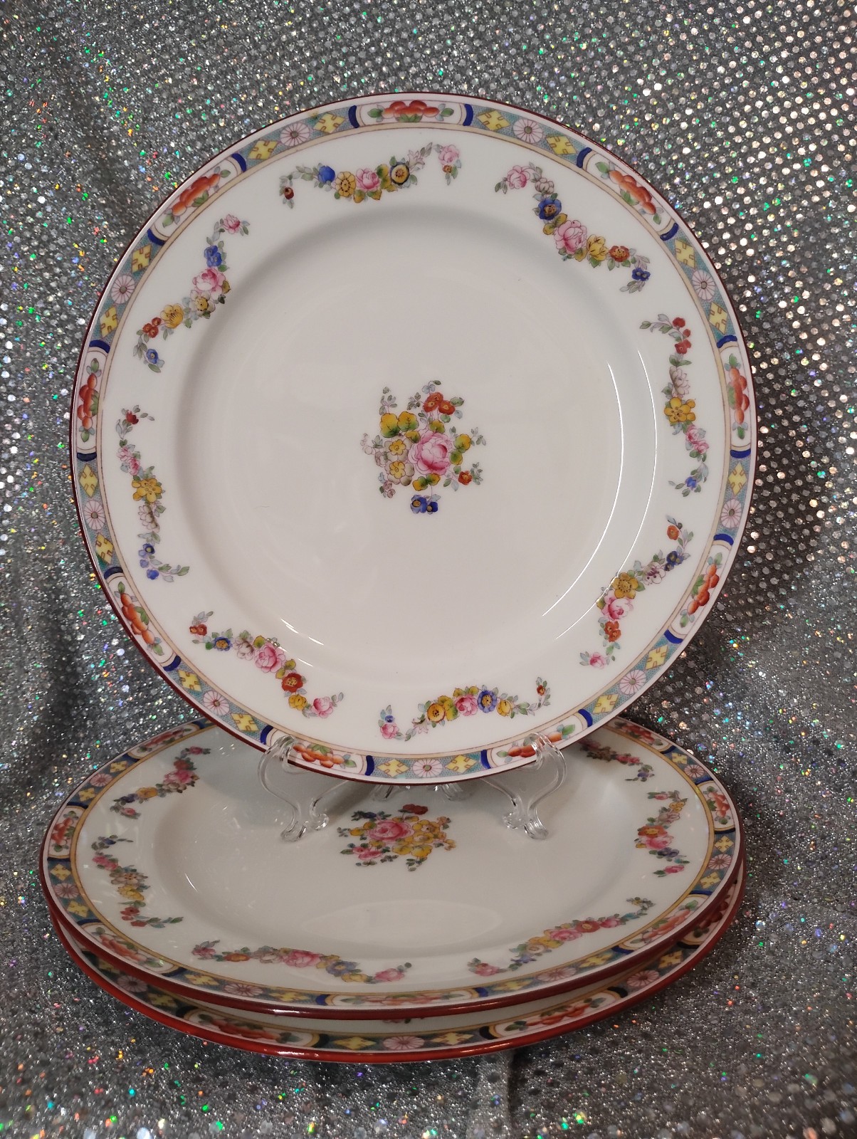 Set of 3 - MINTONS ROSE  Dinner Plates Flowers Swags 10 1/8
