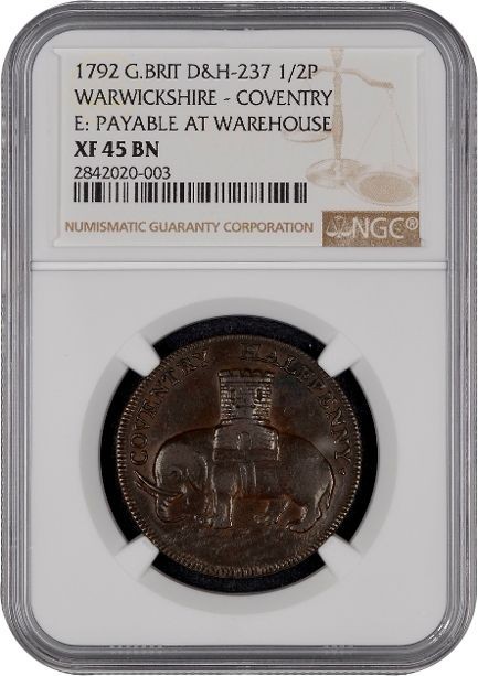1792 Lady Godiva Coventry  Halfpenny Token NGC XF45BN Cert# 2842020-003