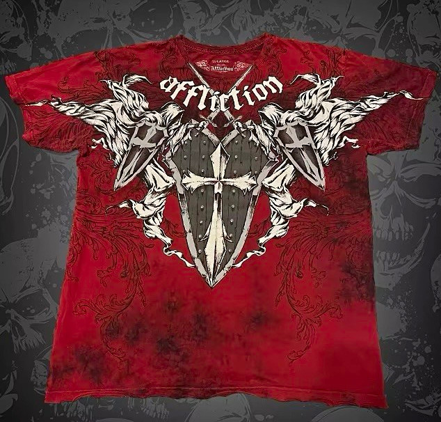 Affliction Men\'s Red Cotton Jersey Skull Graphic Crew Neck T-Shirt Short L Affliction Men\'s Red Cotton Jersey Skull Graphic Crew Neck T-Shirt Short L