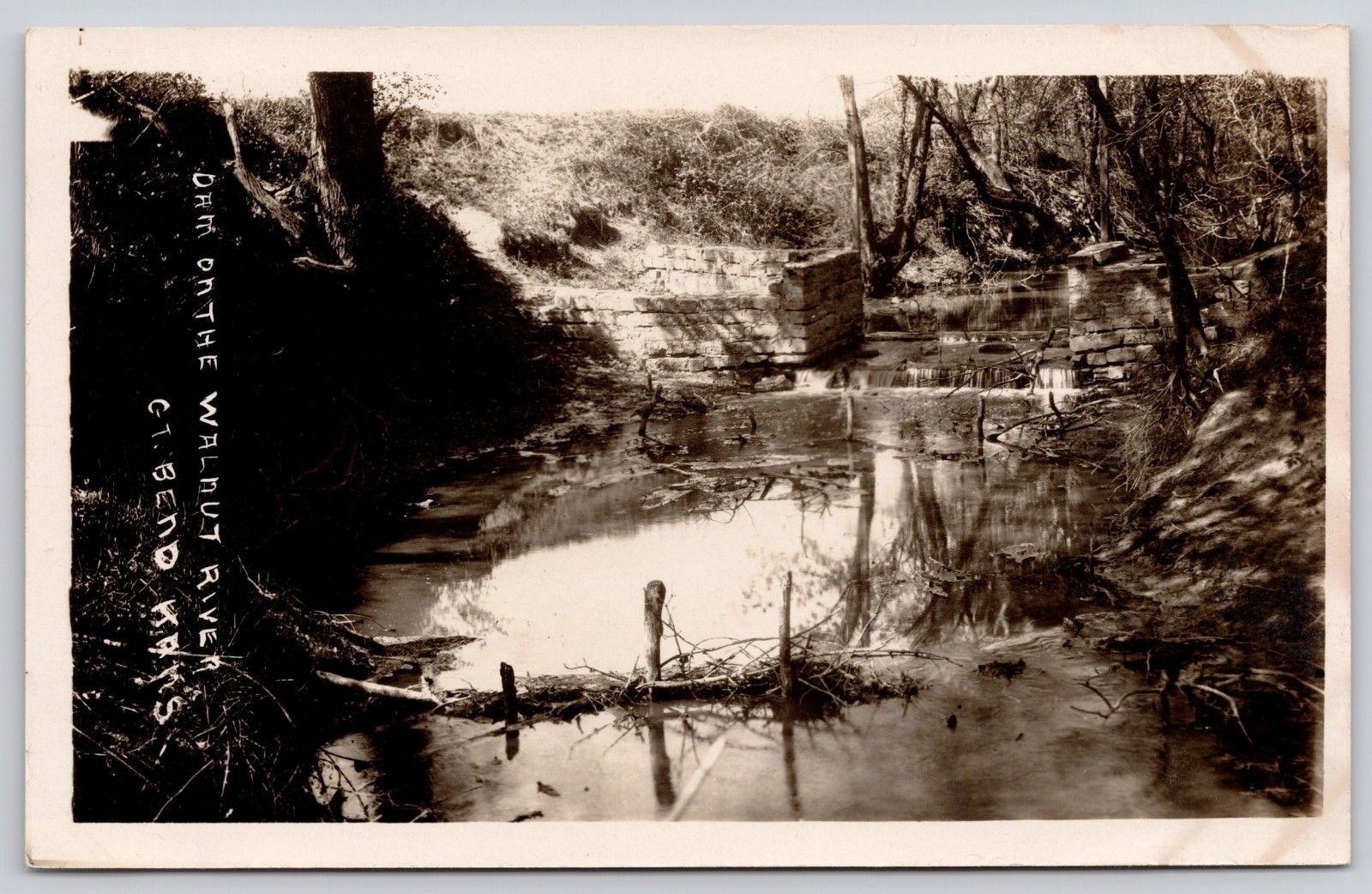 Great Bend Kansas KS Walnut River Dam Stonework RPPC Postcard c1910s