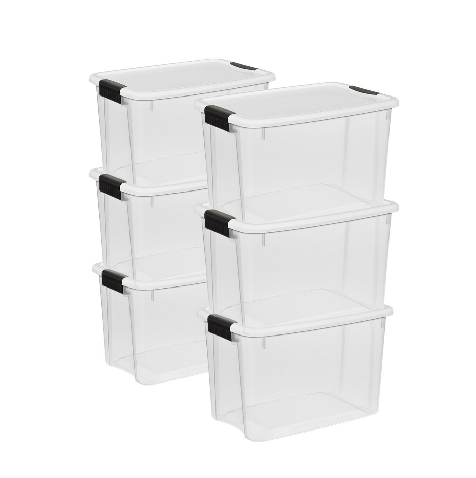 Sterilite 30 Qt Clear Plastic Stackable Storage Bin w/ Latch Lid, White (6 Pack) Sterilite 30 Qt Clear Plastic Stackable Storage Bin w/ Latch Lid, White (6 Pack)