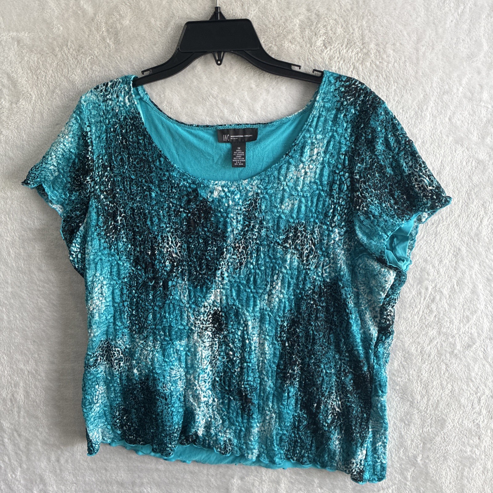 Inc International Concepts Womans Blouse Top Blue Geometric Plus 1X Nylon Blend 