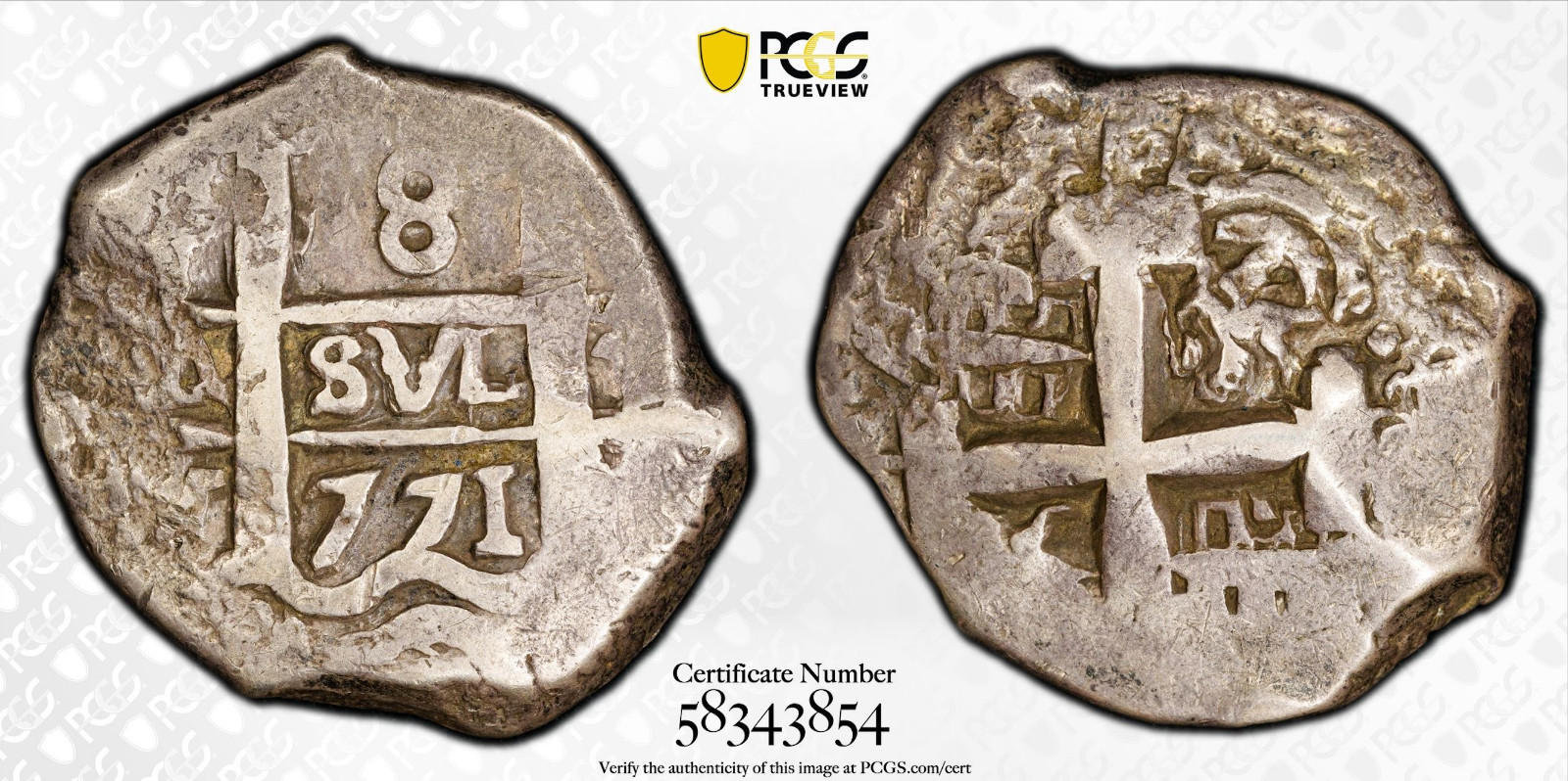 1771 P V Y 8 Reales Cob Spanish Colonial Bolivia PCGS VF-30 *Full Date*