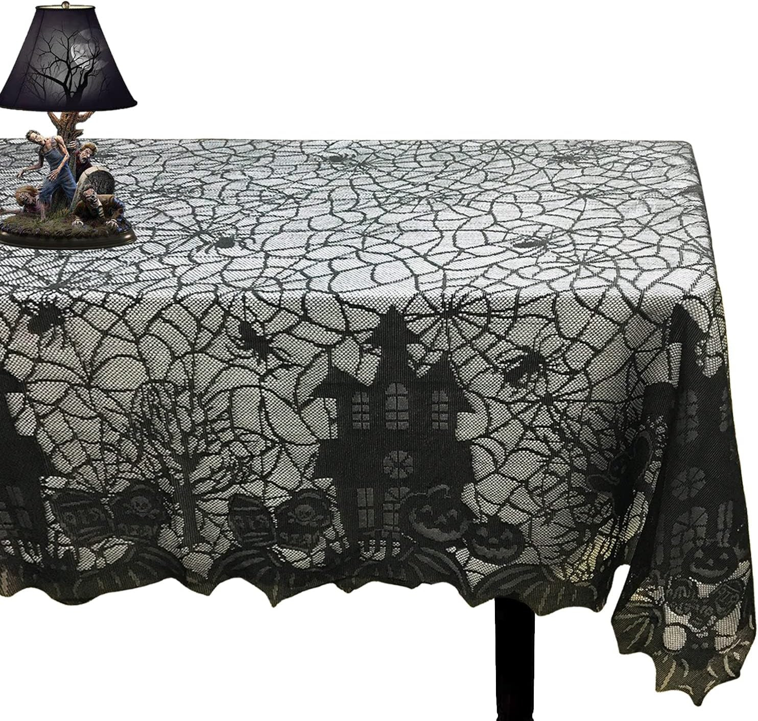 Halloween Tablecloth - Gothic Black Lace Spider Web Table Cover for Halloween Ma