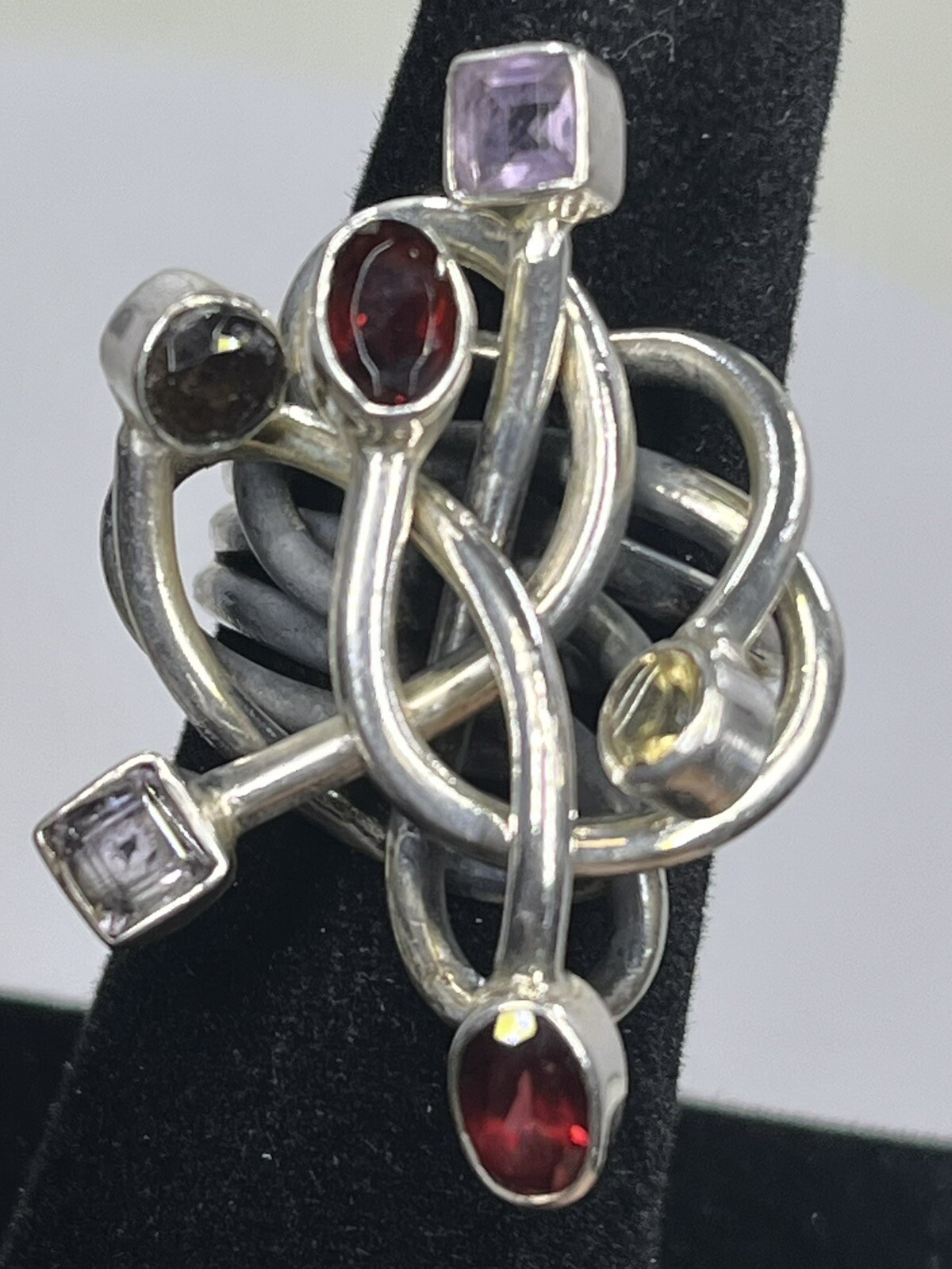 Substantial Artisan Multi Gemstone Unique Bendy Sterling 925 Size 6.5 Ring 1589