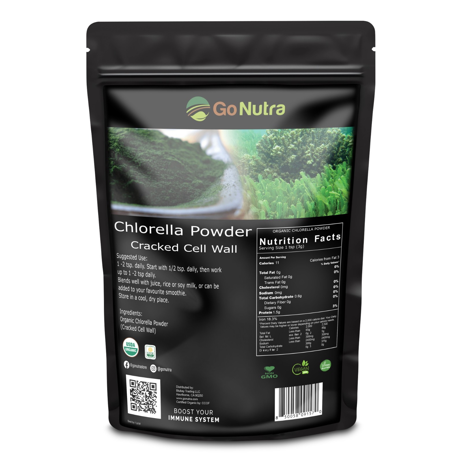 Chlorella Cracked Cell Powder Organic 1 lb. Pure Chlorella Powder Non-Gmo