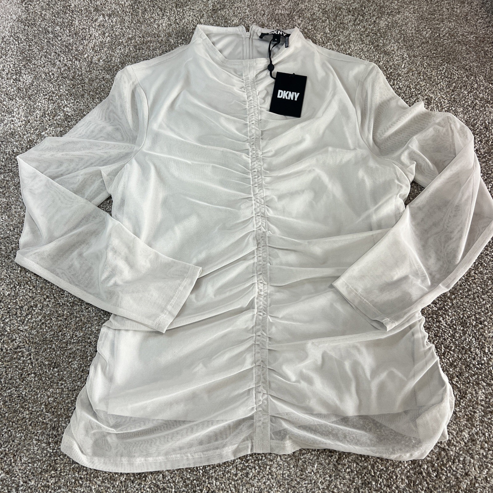 DKNY Women\'s Long Sleeve Shirred Front Mesh Top Size L NWT back zipper DKNY Women\'s Long Sleeve Shirred Front Mesh Top Size L NWT back zipper