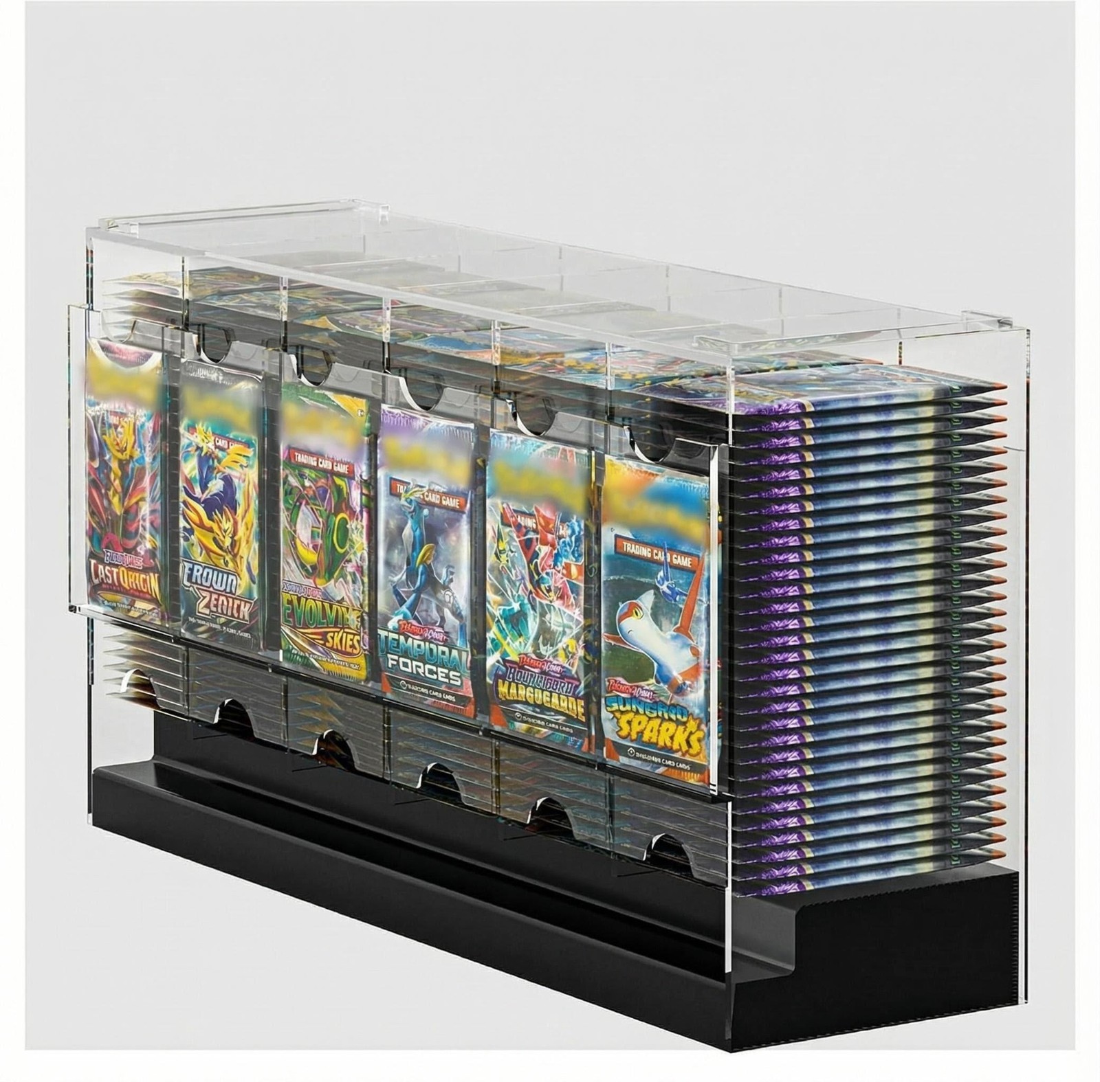 6-Slot Booster Pack Dispenser with Black Base 4mm Clear Acrylic Stackable 6-Slot Booster Pack Dispenser with Black Base 4mm Clear Acrylic Stackable