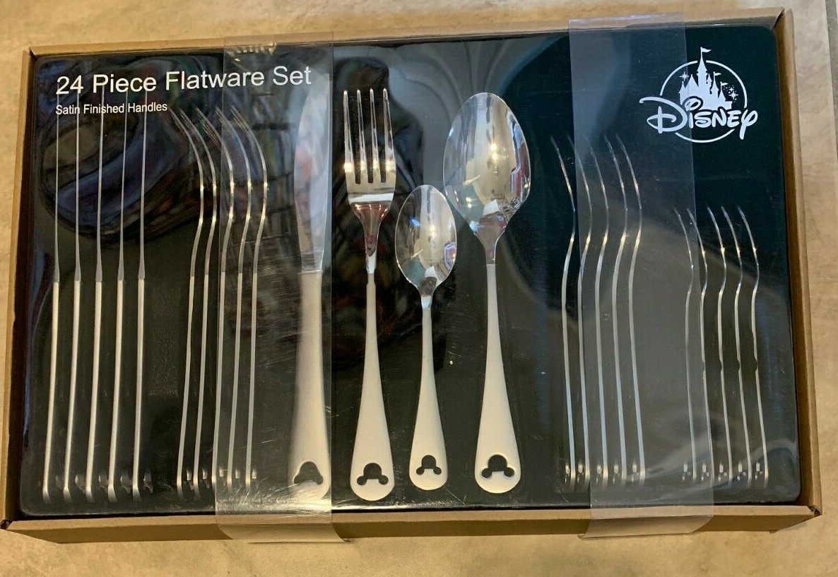 Disney Parks 24 Piece Satin Flatware Set Mickey Mouse Icon Silverware in Box