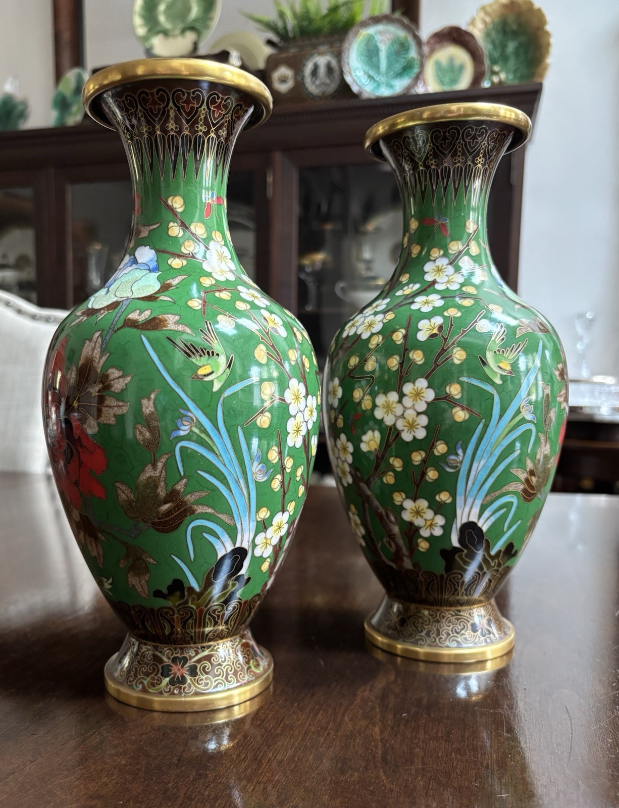 Pair Of CHINESE CLOISONNE VASES One Side Floral/white Cherry Blossoms 10”. Green