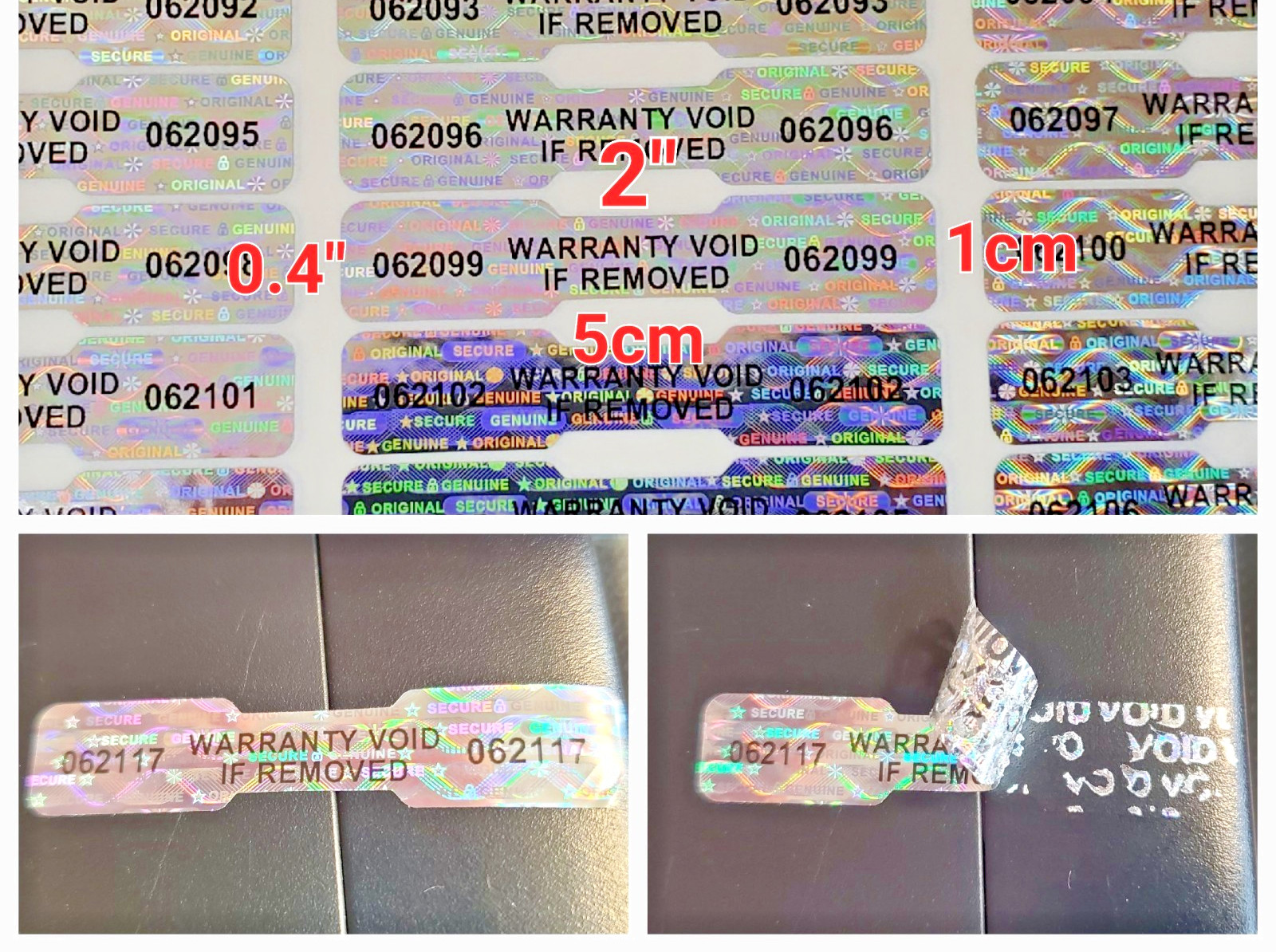 100 Security Stickers Labels LONG - DogBone Warranty Void Tamper Proof Hologram