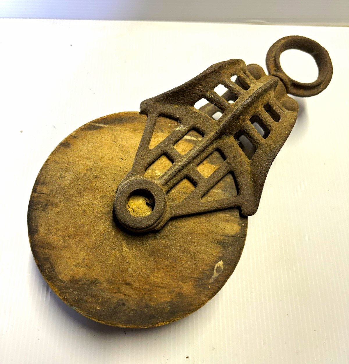 Antique Cast Iron & Wooden Swivel Single-Sheave Pulley Block w/ Hanging Ring