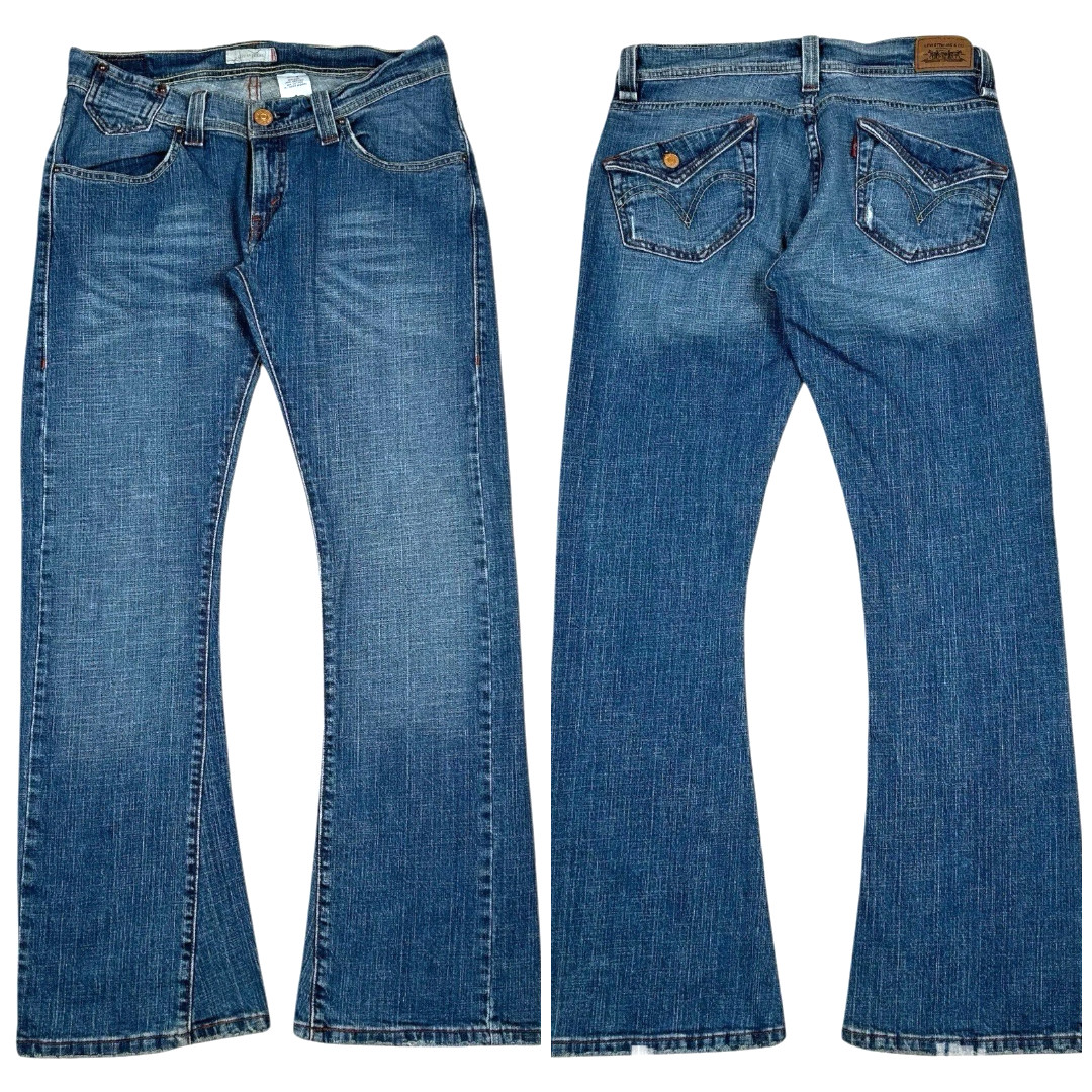 Y2K Levis Low Rise Flare Jeans 11 M 32x31 Flap Pockets Distressed Boho Festival