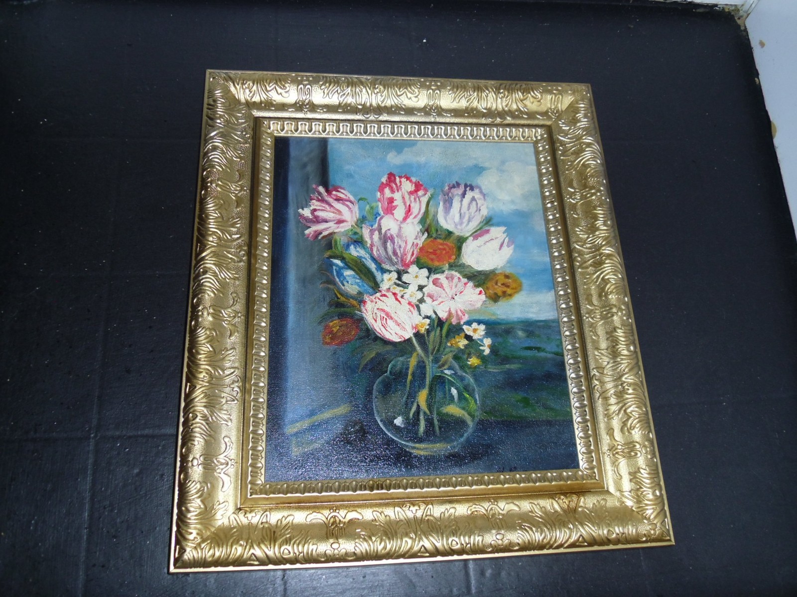 Antique Signed oil painting 11 x14 original MR striking floral still fab frame Antique Signed oil painting 11 x14 original MR striking floral still fab frame